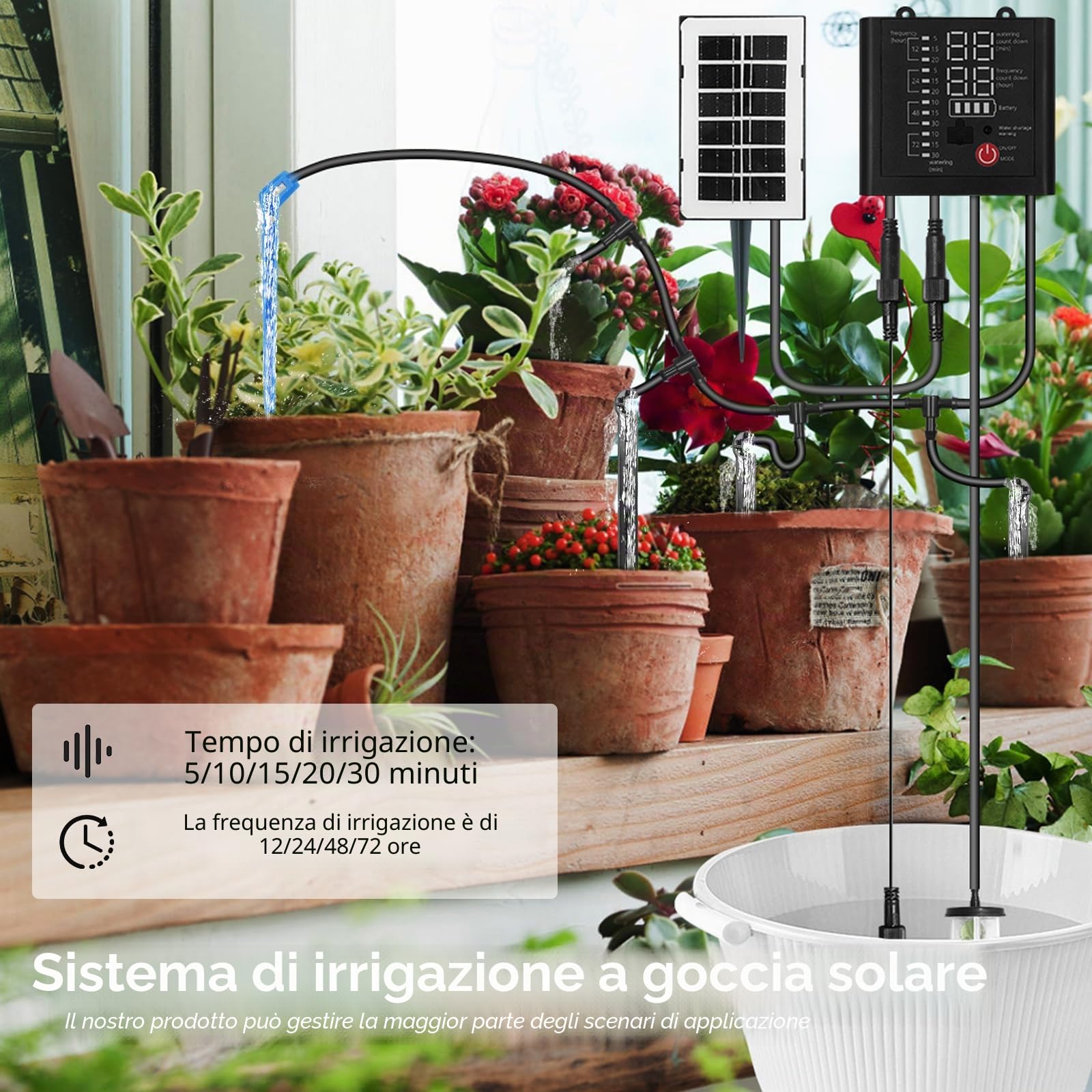 Sistema di irrigazione solare, irrigazione automatica, sistema di irrigazione a goccia con 12 modalità timer, sensore dell'acqua, tubo da 15 m per giardino, balcone, piante, piante in vaso, vacanze