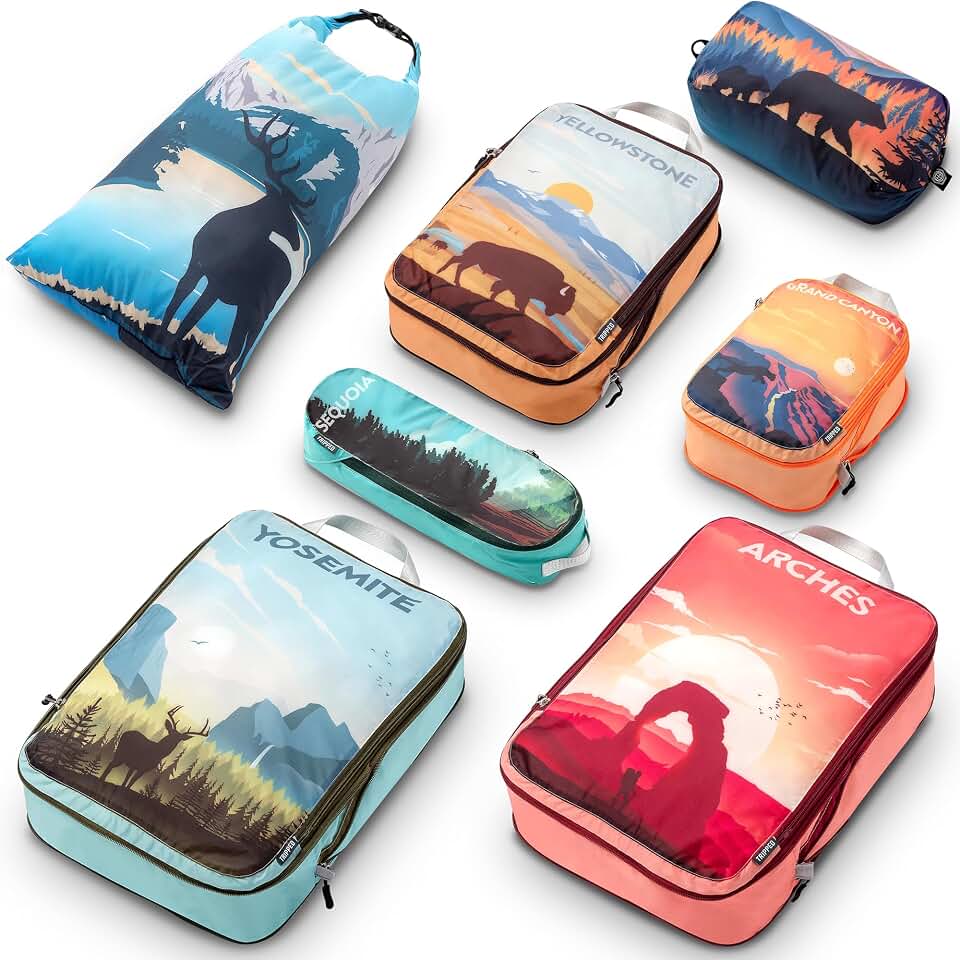 TRIPPED Travel Gear Large Compression Packing Cubes for Travel-Packing Cube Luggage Organizers 7 Piece Set for Checked Luggage-Ultralight, Expandable/Compression Bags by TRIPPED Travel Gear (National Parks)