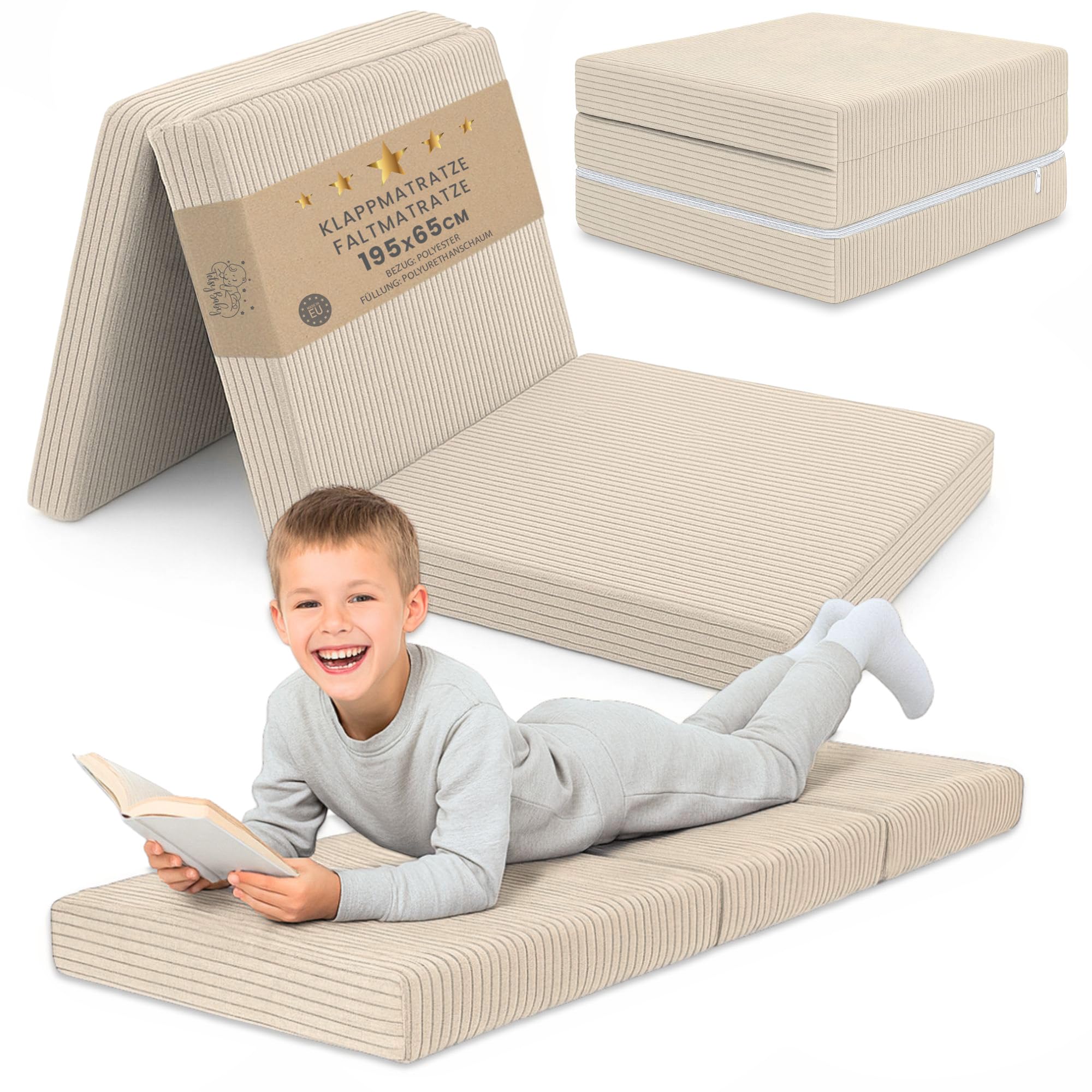 Materasso Pieghevole Bambini - 65x195 cm Brandina Ospiti Materassino da Pavimento Cameretta Materasso da Viaggio Compatto Leggero Rivestimento Sfoderabile Lavabile Oeko-Tex 65 x 195 Beige