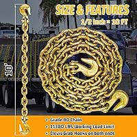 Vista 2 de Cadena de Sujeción de 10 Pies con Grado 80, Cadena de Elevación con Ganchos de Resorte Clevis de 1/2 Pulgada, Límite de Carga de Trabajo de 11300