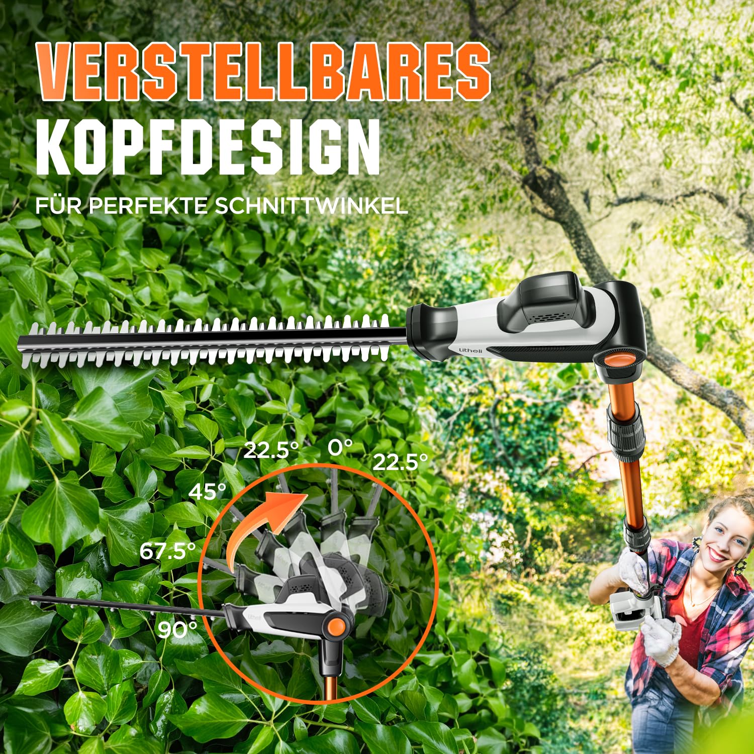 Litheli Stabheckenschere & Hochentaster mit zwei 2.0Ah Akkus, 47 cm Akku Teleskop Heckenschere, abwinkelbarer Kopf und Teleskopstiel zum Schneiden von Ästen, Trimmen.