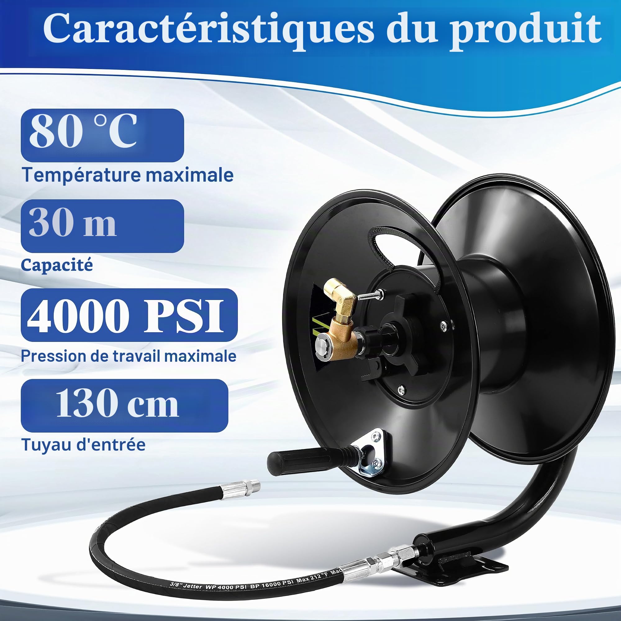 M MINGLE Enrouleur de Tuyau Haute Pression 30m, en Acier Robuste, Manivelle Manuelle avec Bras Pivotant, Sortie NPT 3/8", 280 Bar