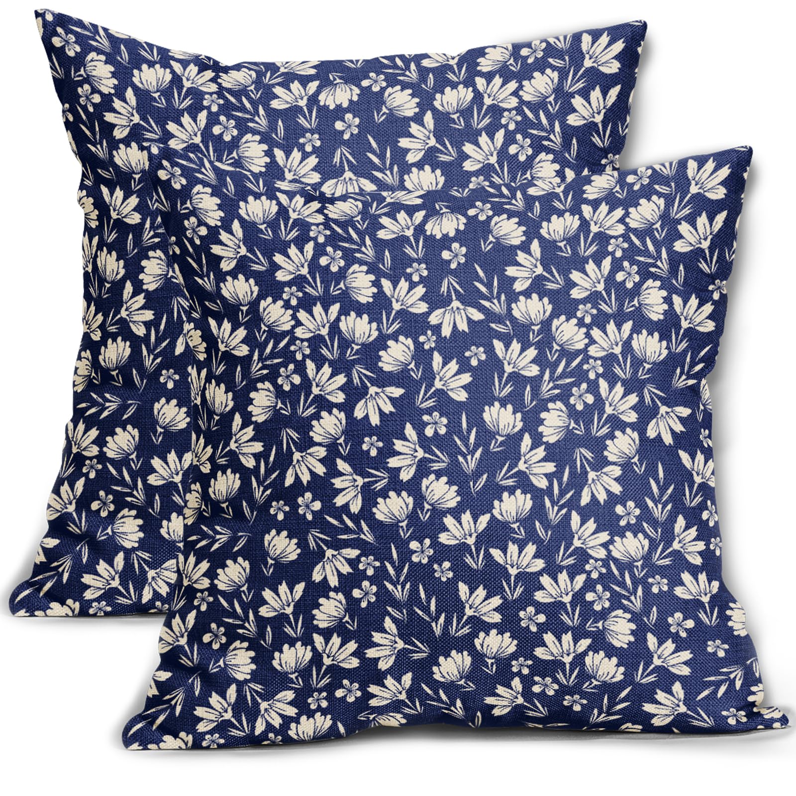 Aytipun Navy Blue Pillow Covers 18x18 Set of 2 Vintage Floral Rustic Old Style Cute Flower Print Decorative Outdoor Pillowcases Seasonal Farmhouse Throw Cushion Case Decor for Couch Sofa Bed