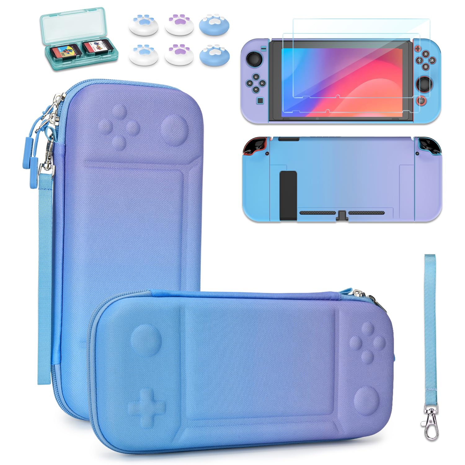 Younik Switch Case for Switch 2017, Portable Switch Carrying Case, 14 in 1 Accessories Kit with Switch Case, Screen Protector, Thumb Grip Cap, Card Case and Strap (Blue and Purple, Button Pattern)