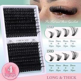 CORUSCATE Lash Clusters 120D+150D Thick Eyelash Clusters 14-20mm Long Cluster Eyelash Extensions 288pcs Individual Lashes Cluster DIY Eyelashes Mink Strips Volume Lash Extension