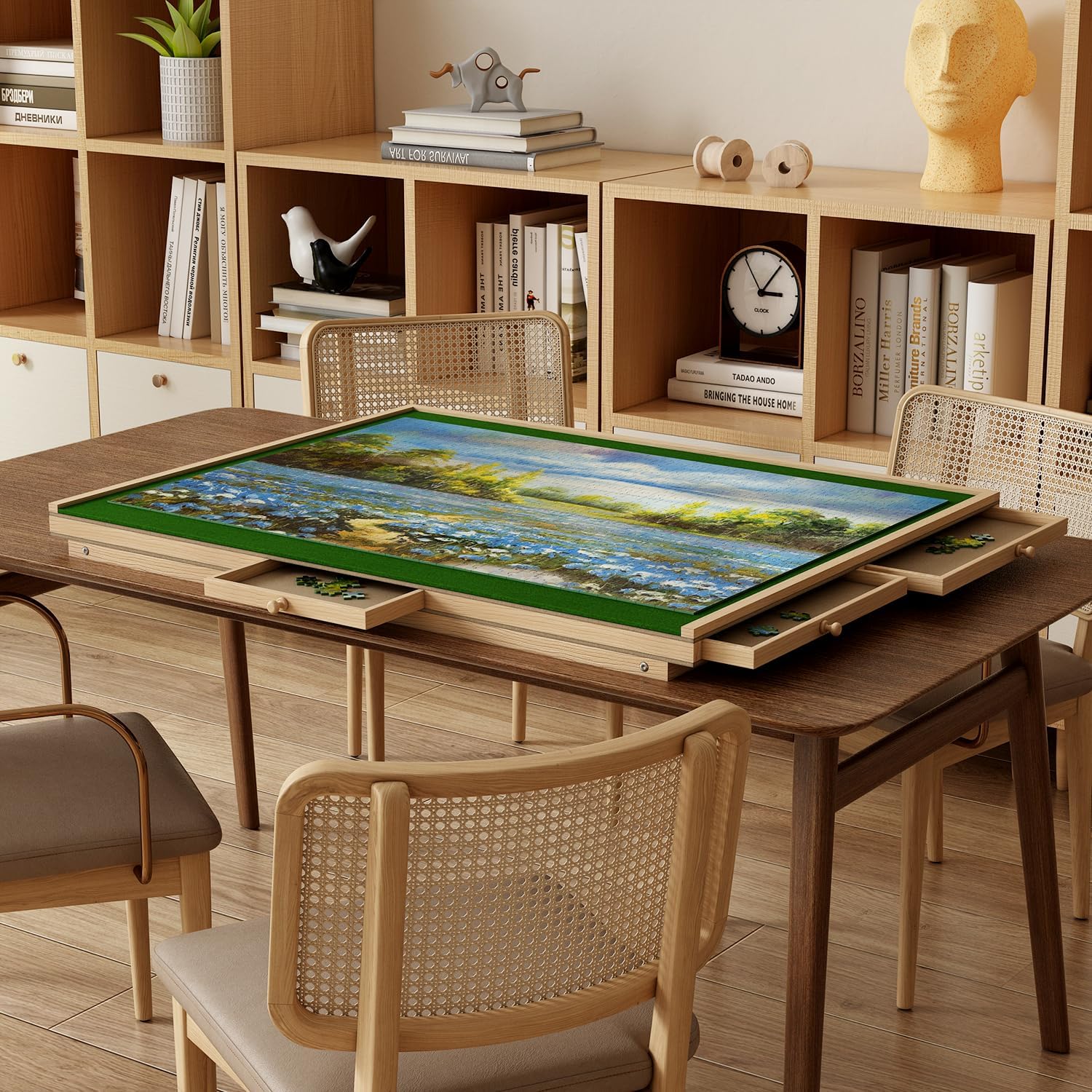 1500 Piece Wooden Puzzle Board with Legs 35" x 27.2" Jigsaw Board with 4 Drawers and Protective Cover Foldable Leg Portable Jigsaw Multifunctional Game Table for Adults Teens Kids Natural