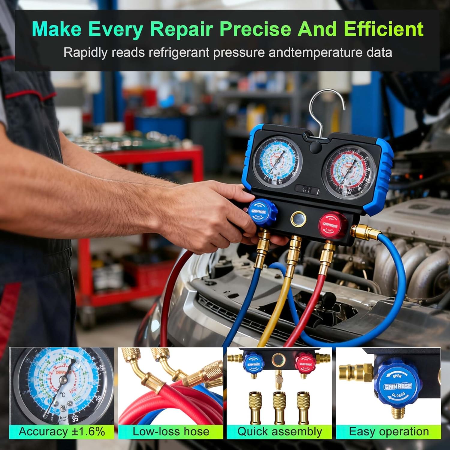 3-Way Manifold Gauge Set, HVAC Diagnostic and Charging Kit for R410A R134a R1234yf AC Repair, Compatible with Multiple Refrigerants for Automotive and Home Air Conditioning Systems