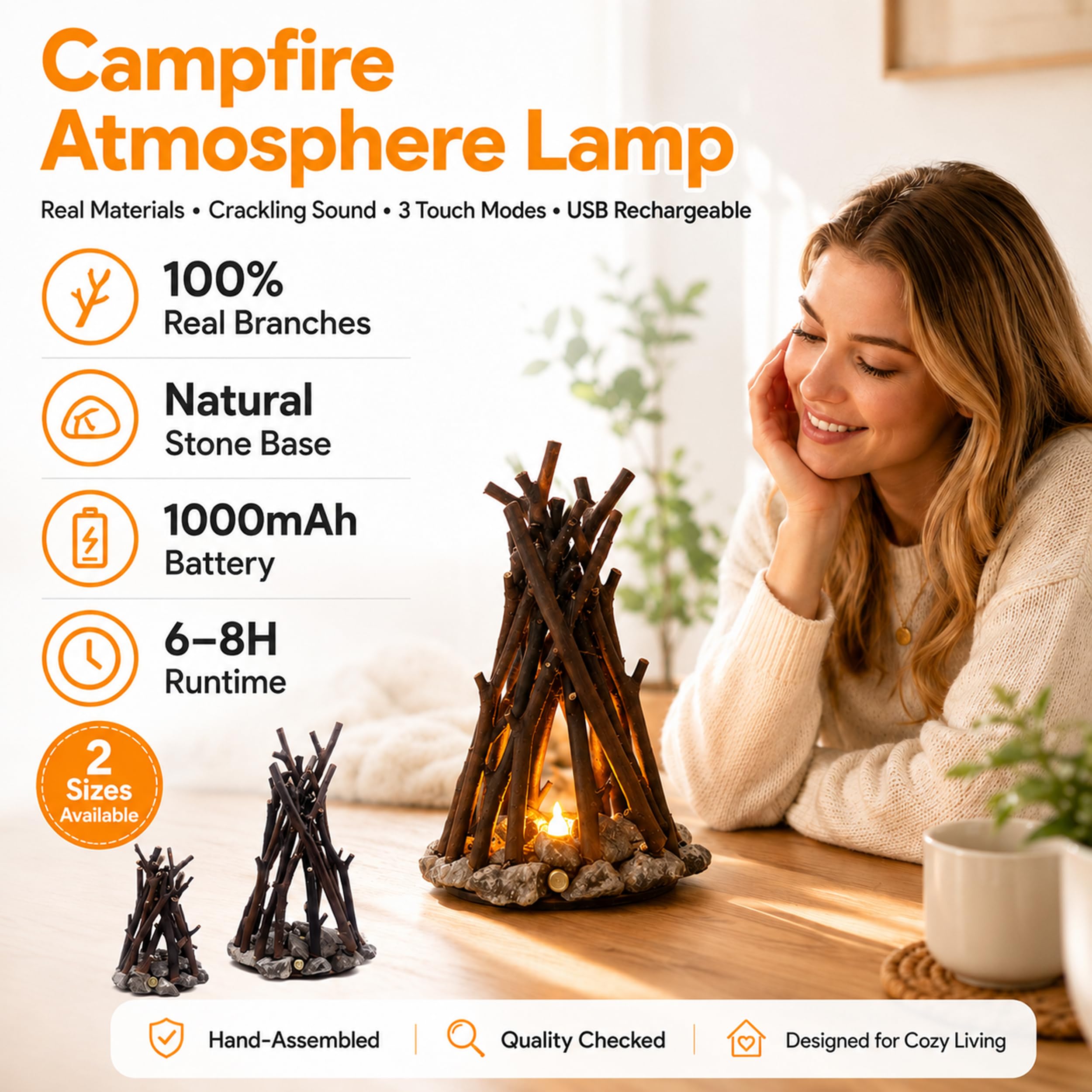 Lubocrat Rustic Farmhouse Table Lamp, Wooden Campfire LED Night