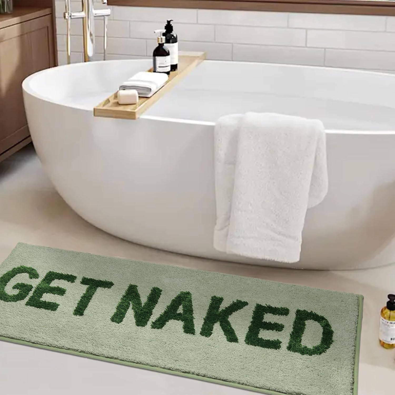 KOEXM Long Bathroom Rugs Runner 18" x 47" Get Naked Bath Mat Soft Absorbent Microfiber Sage Green Bath Rugs Non-Slip Shaggy Machine Washable Bath Mats for Bathroom Floor Shower Winter Home Decor