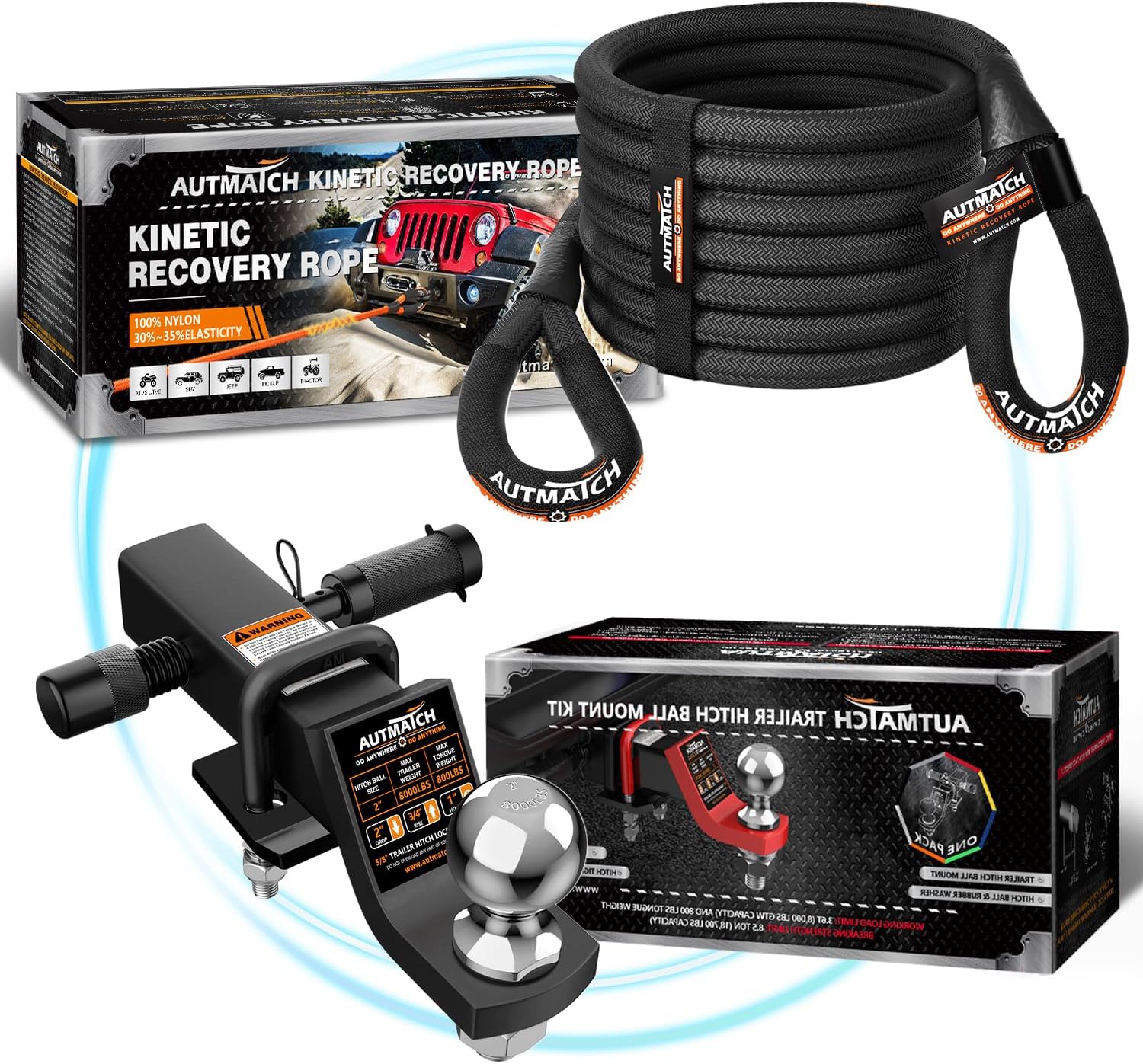 AUTMATCH Kinetic Recovery Tow Rope 7/8" x 20FT with Trailer Hitch Ball Mount 2 Inch, Heavy Duty Offroad Snatch Strap 35000Lbs for 4x4 Off-Road Vehicle, Truck, Trailer, ATV, UTV, Matte Black