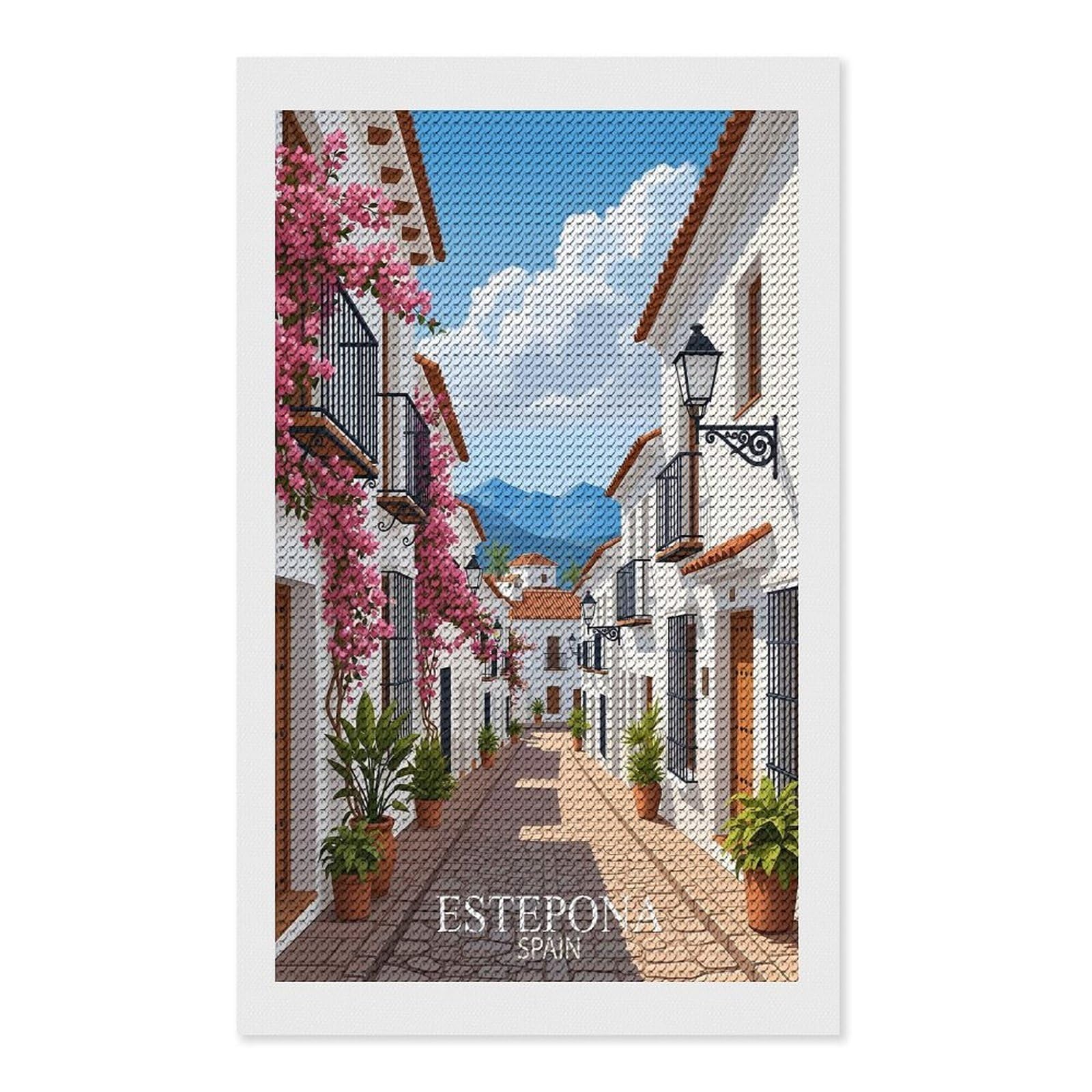 Junmoney Estepona, Spain Street View Diamond Art Canvas 12"x20", for Adults, Good for Quiet Evenings, Bedroom Decor, Festive Craft Gift, Easy to Enjoy