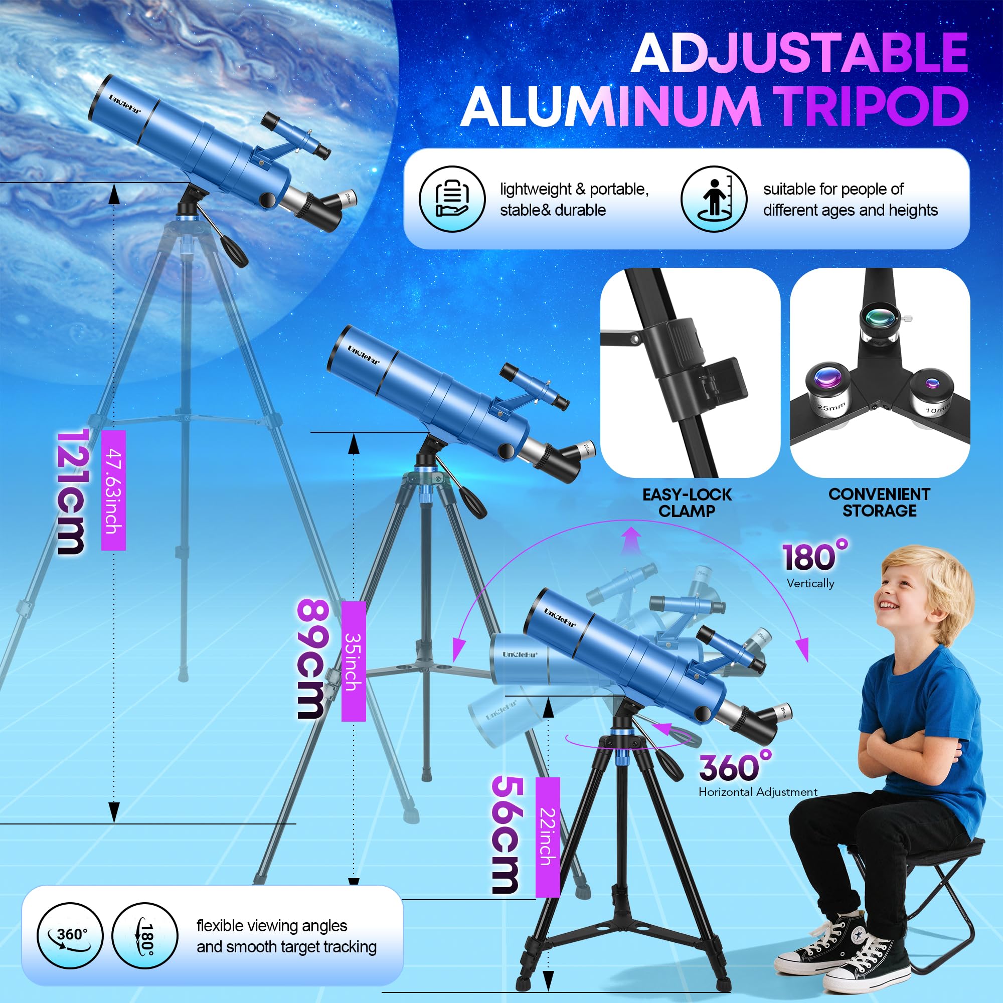 UncleHu Telescopio Astronomico Per Adulti E Bambini Principianti, 22X-165X, Telescopio Riffrattore Astronomico 90/550mm Con Sgabello Pieghevole&Treppiede&Adattatore Per Smartphone E Borsa Da Trasporto