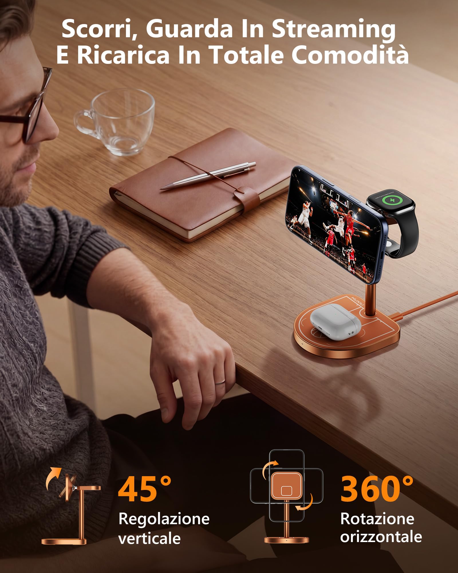 KUXIU X85 Turbo Qi2.2 25W Caricatore Wireless Magnetico 3 in 1, Stazione di Ricarica per iPhone 17-12/Apple Watch/Airpods, Design a Tema Pallacanestro in Lega di Alluminio, con 45W Adapter, Arancione