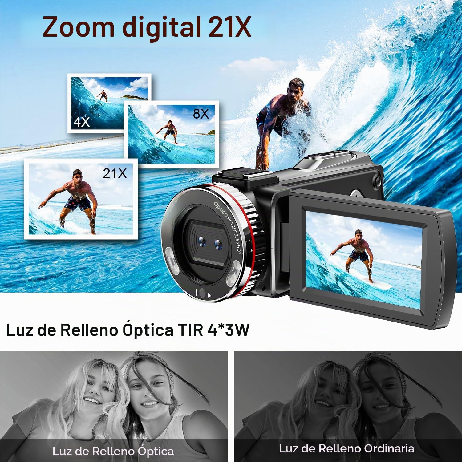 Cámara de vídeo 4K 64MP Videocámara Vlogging Cámara,Doble Objetivo 3" 270° Pantalla giratoria Vlog Cámara con Tarjeta de 64GB, Micrófono, Estabilizador,Control Remoto,2 Baterías