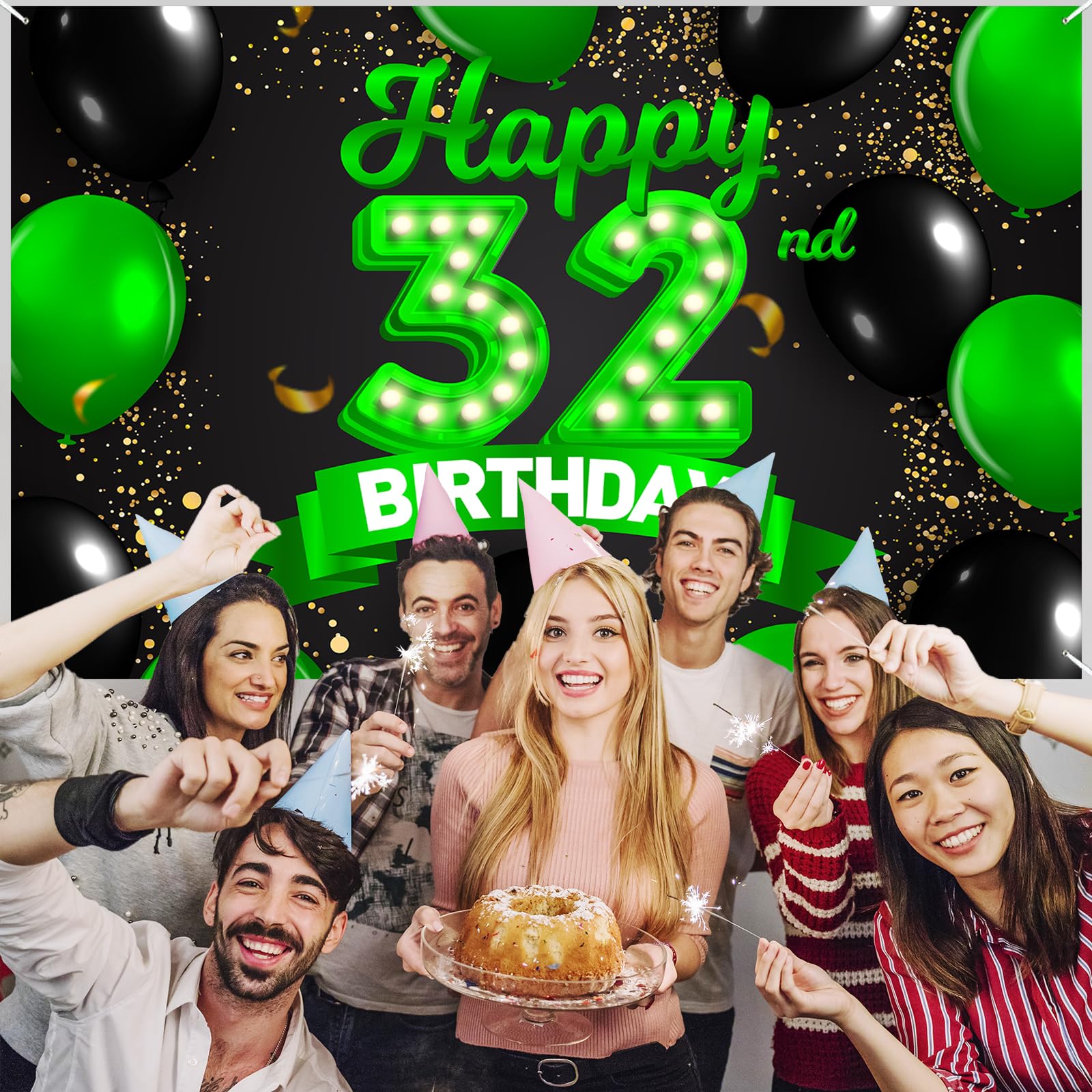 ABCpartyland Happy 32nd Birthday Banner - Pre-Strung Black Glitter Banner, 118 Inches Wide Party Decorations