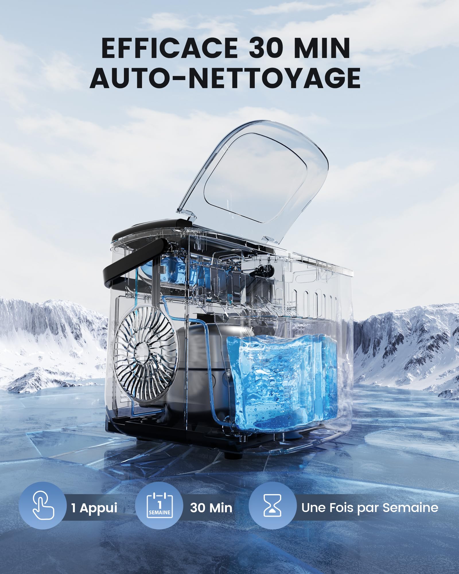 EASYERA Machine à Glaçons, Design Compact et Fin, 12 Kg/24H | 2 Tailles de Glaçons, Machine a Glacons Autonettoyante, Ice Maker Pour maison/ cuisine/ bureau/ bar/ camping