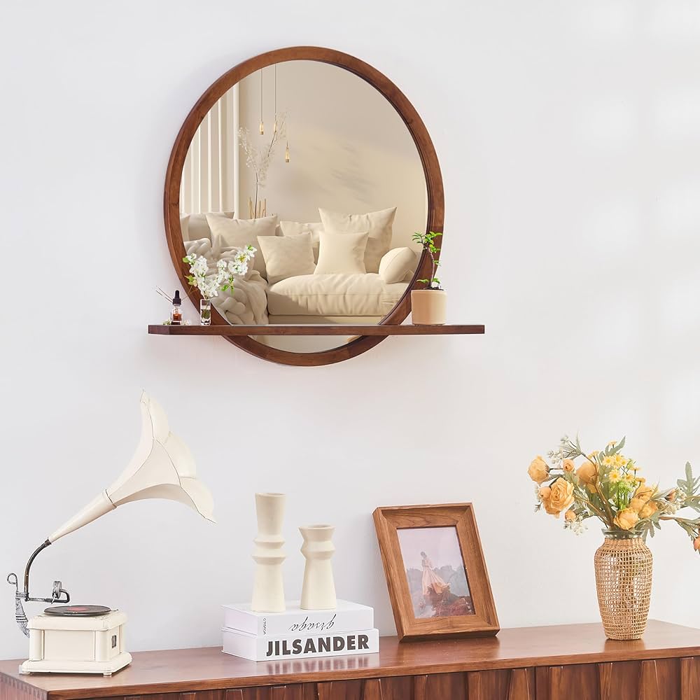 AGATEO Solid Wood Wall Mirror with Shelf – Round Wood Frame