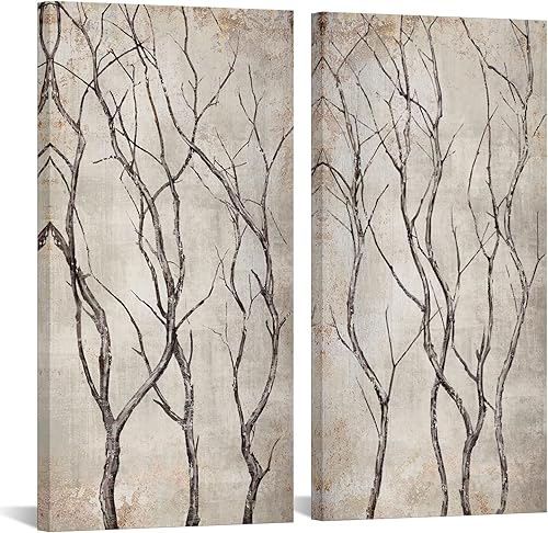 sechars Lienzo impreso con ramas de árbol rústicas, arte de pared, pintura de árbol beige, vintage, marrón, decoración de sala de estar, 20 x 40 x 2
