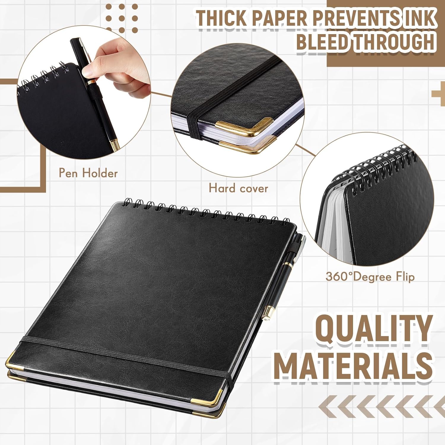 Qeeenar 2 Pack Top Spiral Notebooks with 2 Pens, 11 x 8.5 Inch Leather Large Steno Pads College Ruled Left Handed Writing 160 Pages 80gsm Thick Paper for Office School Meeting (Black)