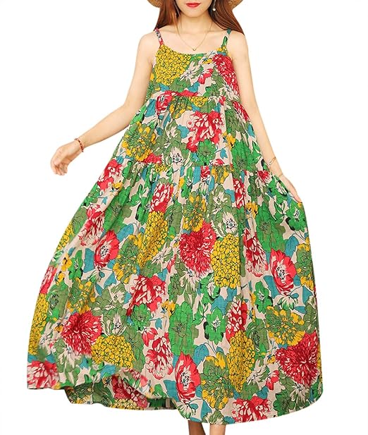Amazon Co Jp Vigor Girls E75 ワンピース レディース 花柄 リゾートワンピース レディース 夏 ノースリーブ ロングワンピース マキシ丈 バックシャン サマードレス 上品 大きいサイズ チュニック ビーチ 体型カバー 旅行 お呼ばれ 服 ファッション小物