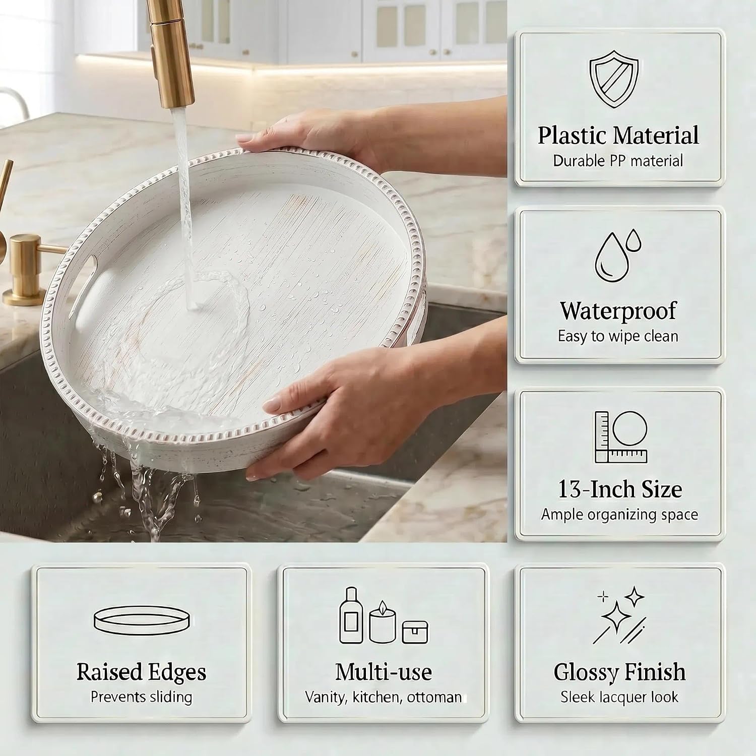 13 Inch Round White Centerpiece Tray with Handles - Plastic Distressed Wood Grain Decorative Serving Platter for Coffee Table - Rustic Farmhouse Ottoman Decor, Perfume & Candle Organizer