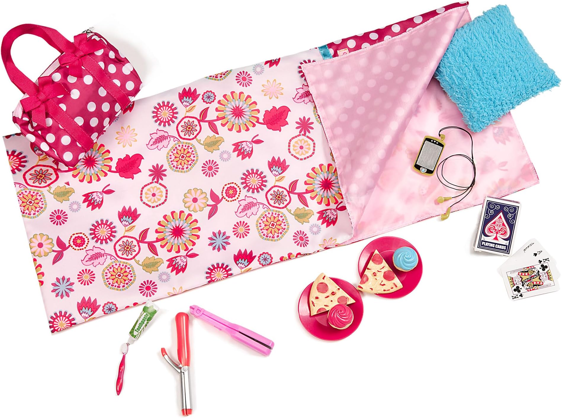 Our Generation - Polka Dot Sleepover Set - Sleeping Bag - Play Food - 18-Inch Doll Accessories - Pretend Play - Toy for Kids 3 Years +
