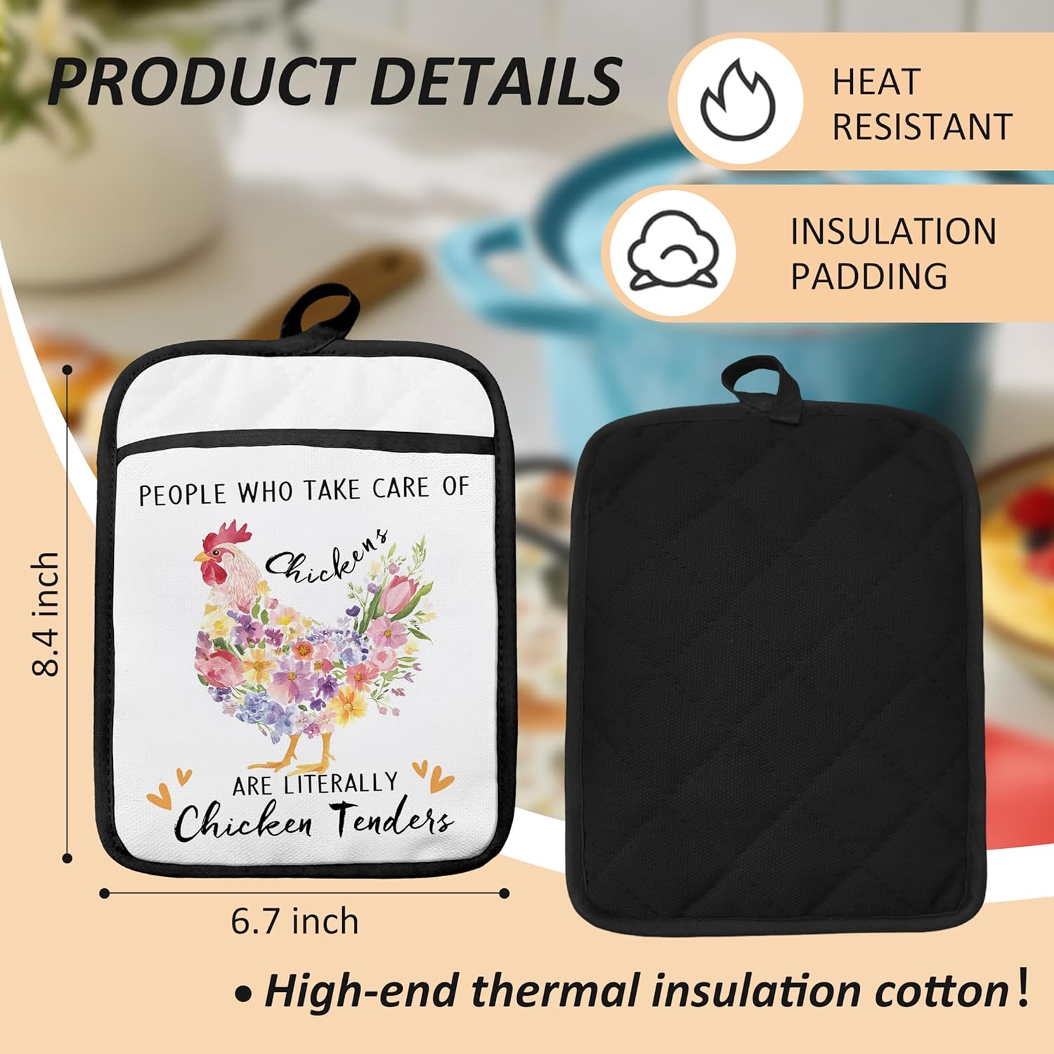 Wildflower Chicken Pot Holders for Kitchen, Chicken Lover Mom Gifts, Rustic Cottagecore Floral Rooster Hen Heat Resistant Hot Pads and Oven Mitts for Baking Cooking - Image 6