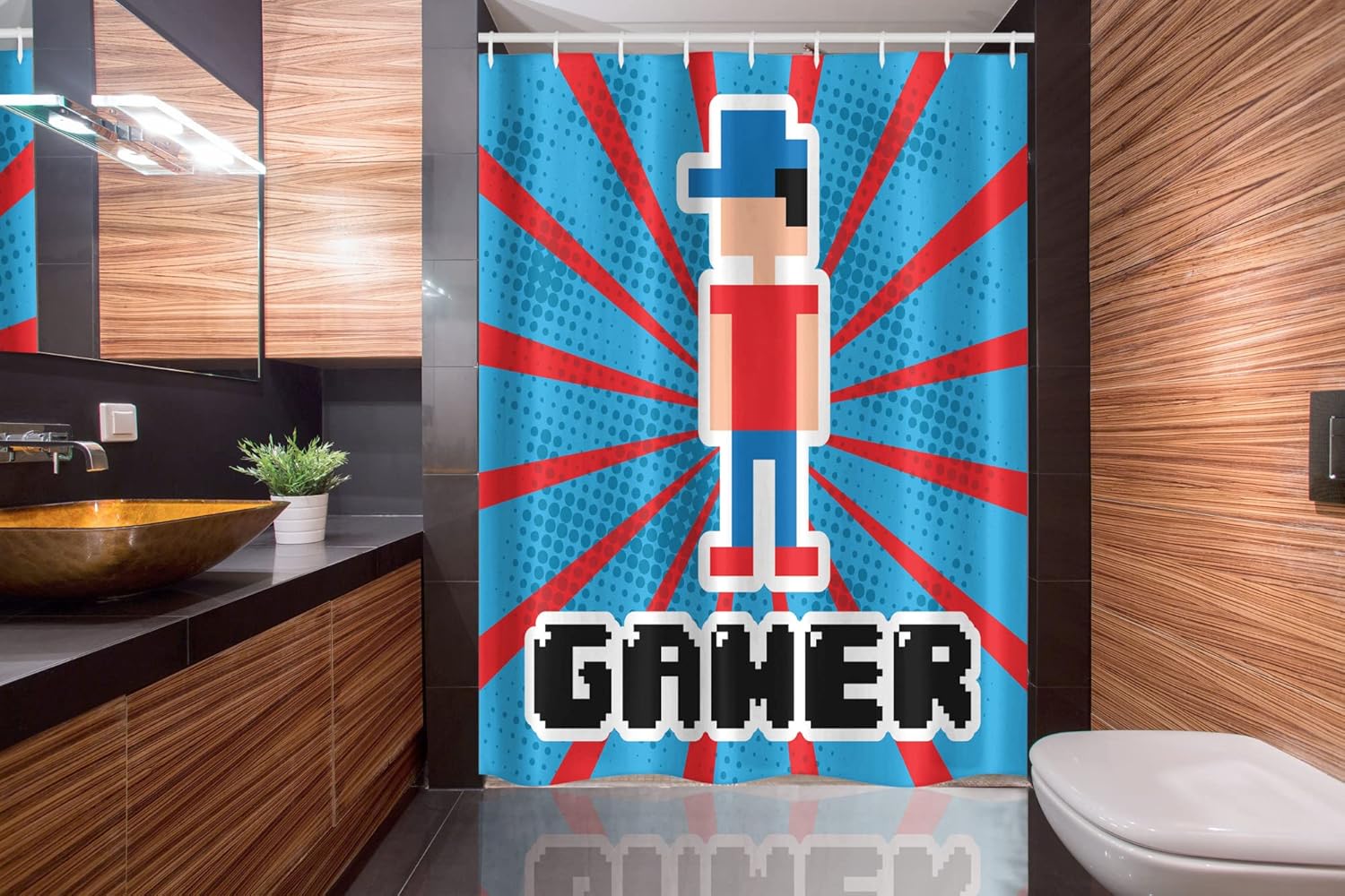 Ambesonne Video Games Stall Shower Curtain, Red Striped Boom Beams Retro 90's Boy Cap Geometric Arrangement, Fabric Bathroom Decor Set with Hooks, 54" W x 78" L, Vermilion White