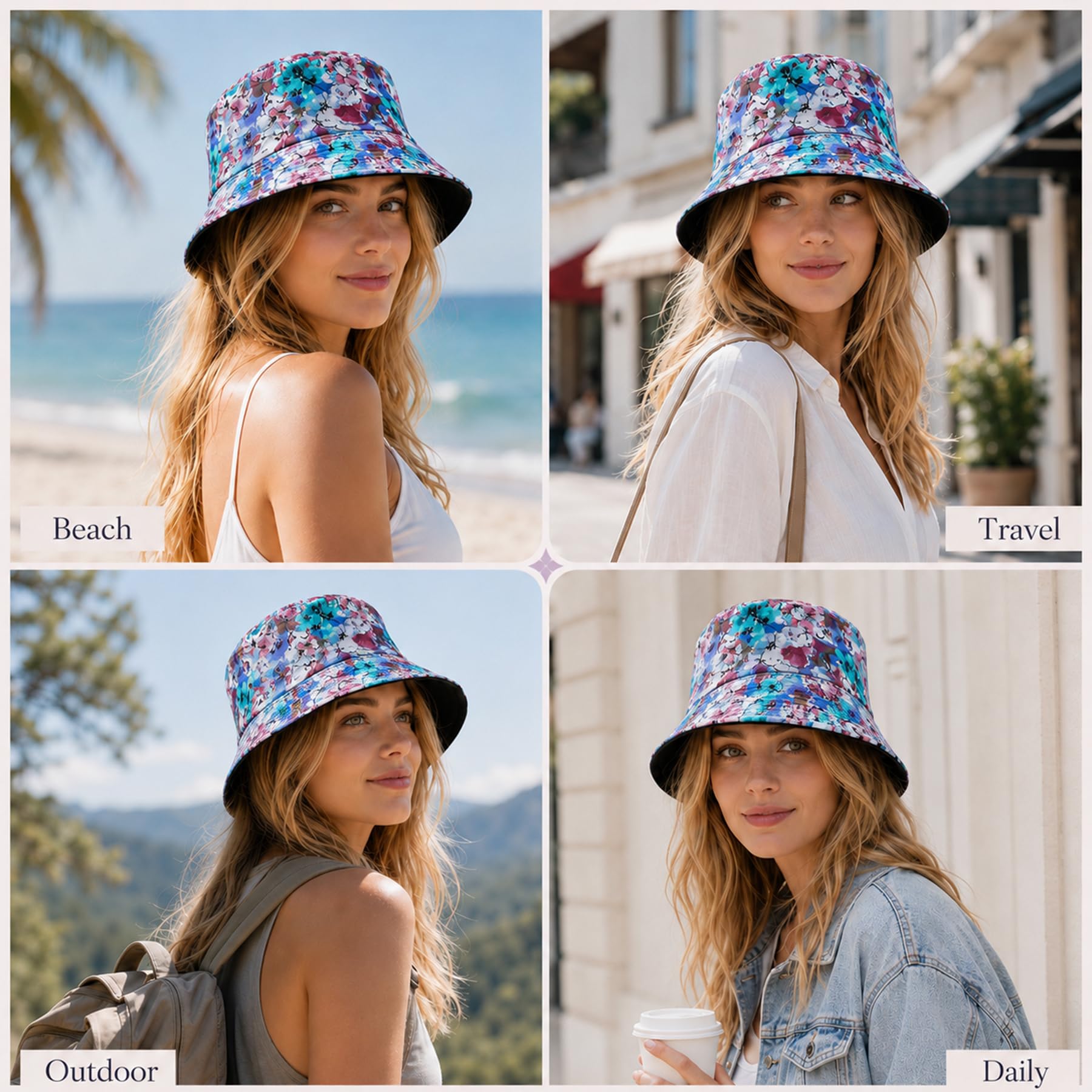 Feng Shui， Chapeaux de Seau pour Femmes - Chapeau de Seau de pêcheur d'extérieur d'été Pliable réversible Chapeau de Seau de Soleil de Plage en Coton pour Les Adolescents