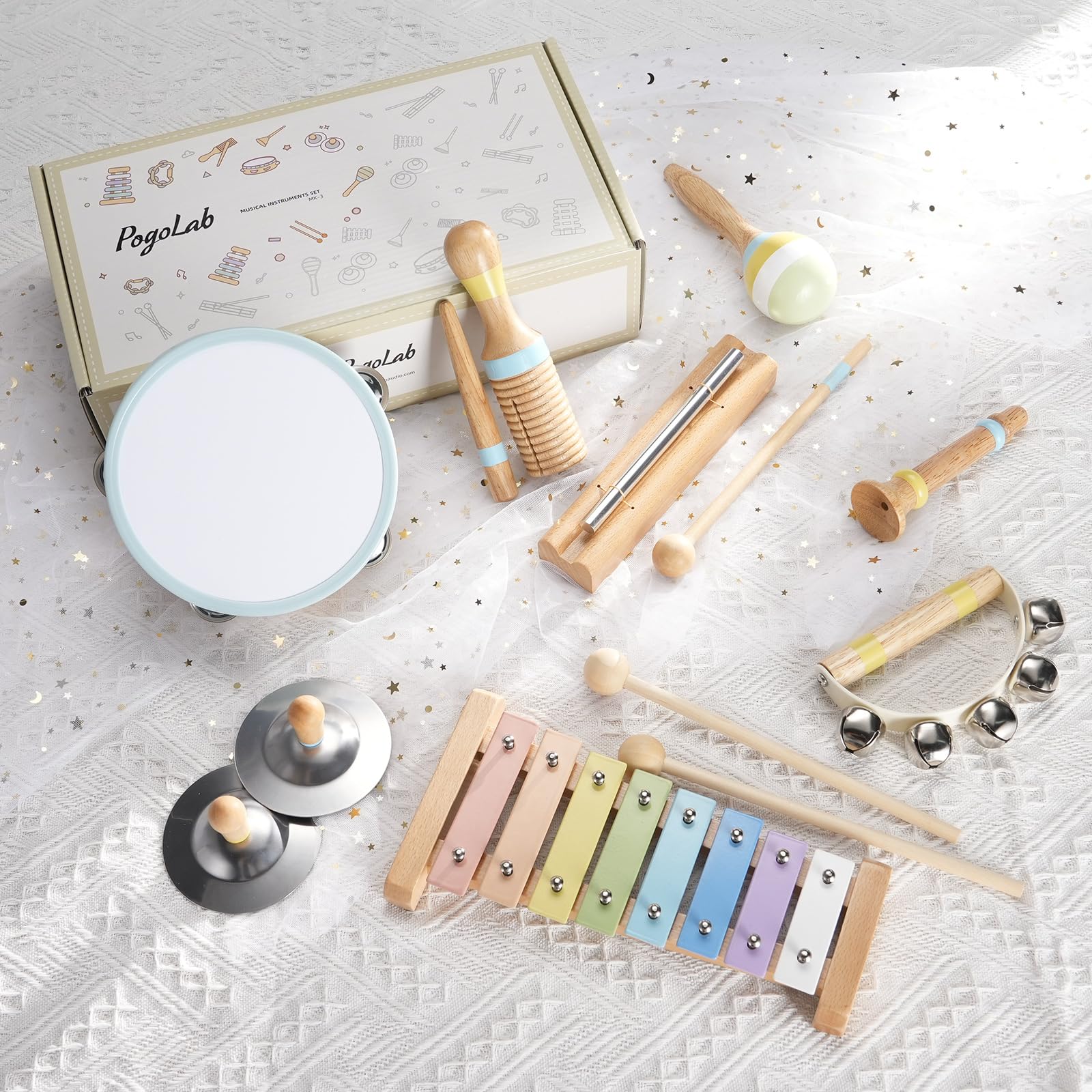 POGOLAB Instruments de Musique pour Enfant, Jouet en Bois Musicaux Montessori, Cadeau Garçons Filles 3, 4, 5 Ans, Instruments de Percussion avec Xylophone Tambour Maracas