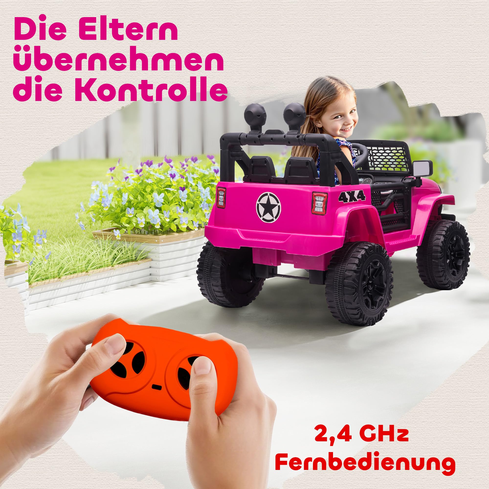 HOMCOM Elektryczne auto dziecięce 12V pilot 2,4G 3-6 lat Różowe | 2x35W silnik, auto elektryczne dla dzieci, LED, klaxon, pas bezpieczeństwa, amortyzatory