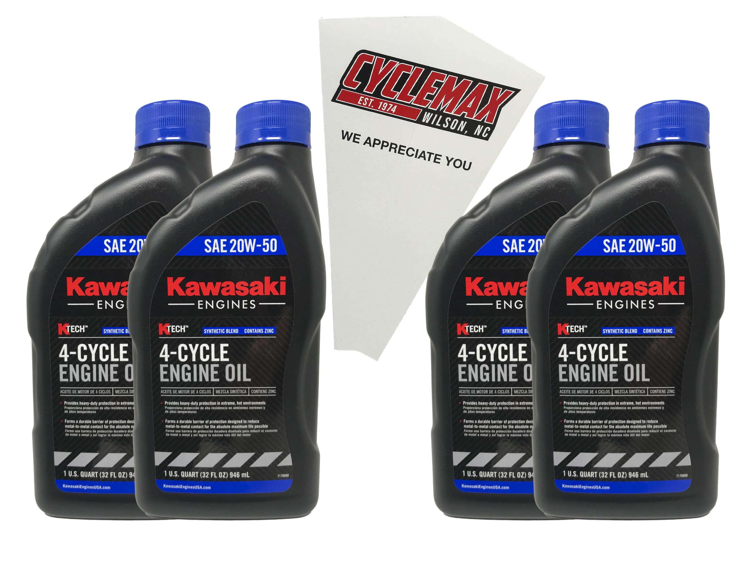 Cyclemax Four Pack compatible with Kawasaki SAE 20W50 4-Cycle K-Tech Lawnmower Engine Oil 99969-6298 Contains Four Quarts and a Funnel