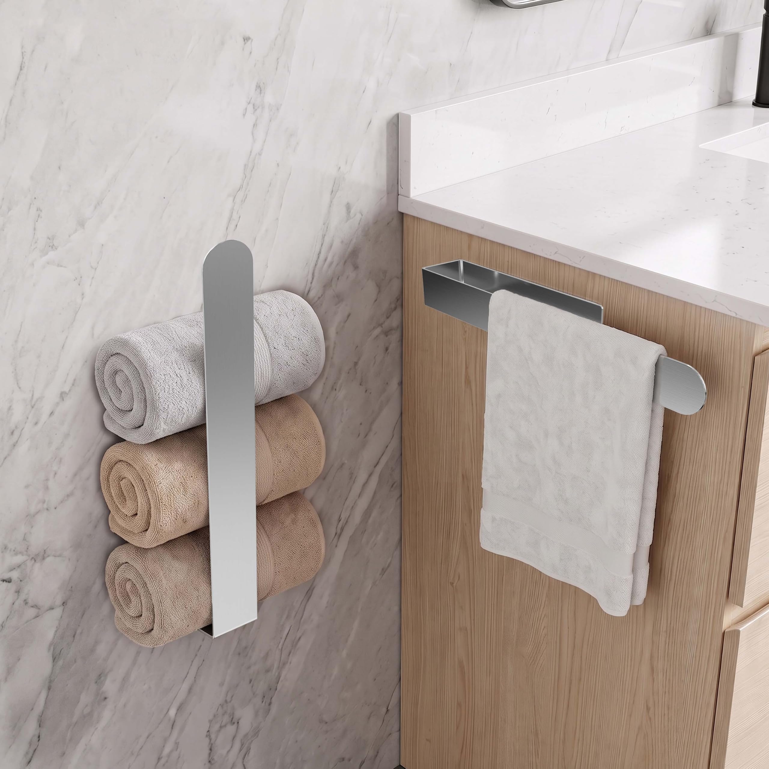 2-Pack Hand Towel Holders，Towel Ring Self Adhesive Stainless Steel No Drill Hand Towel Rail for Bathroom & Kitchen (silver, 35CM)
