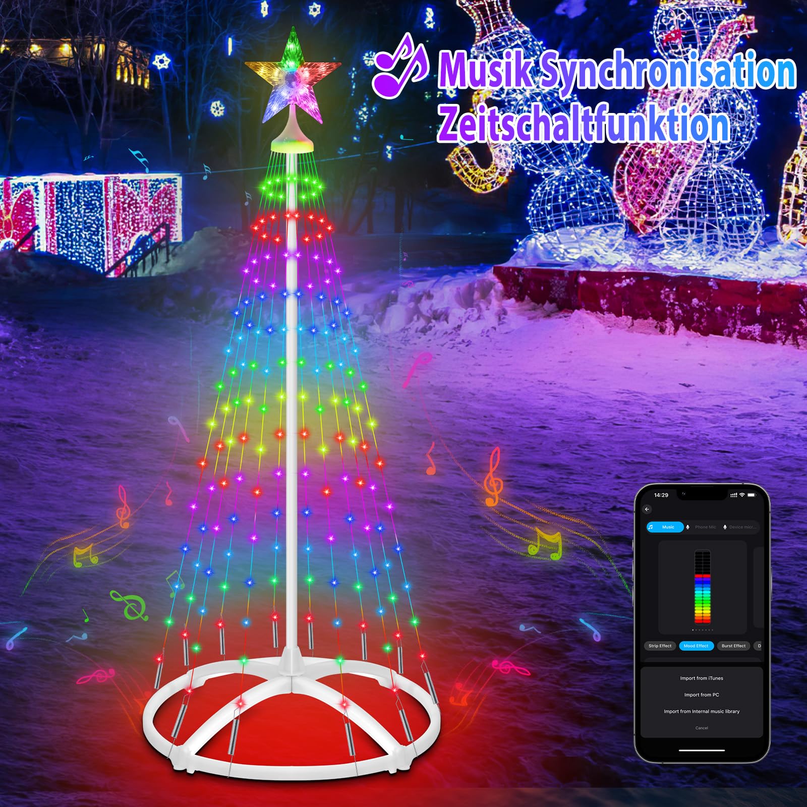 1.5M Luci Albero di Natale Smart con APP, 166LED Luci Albero Natale da Esterno con Stella,Conico RGB Multicolore,con Telecomando/APP per Decorazione Giardino e Balcone