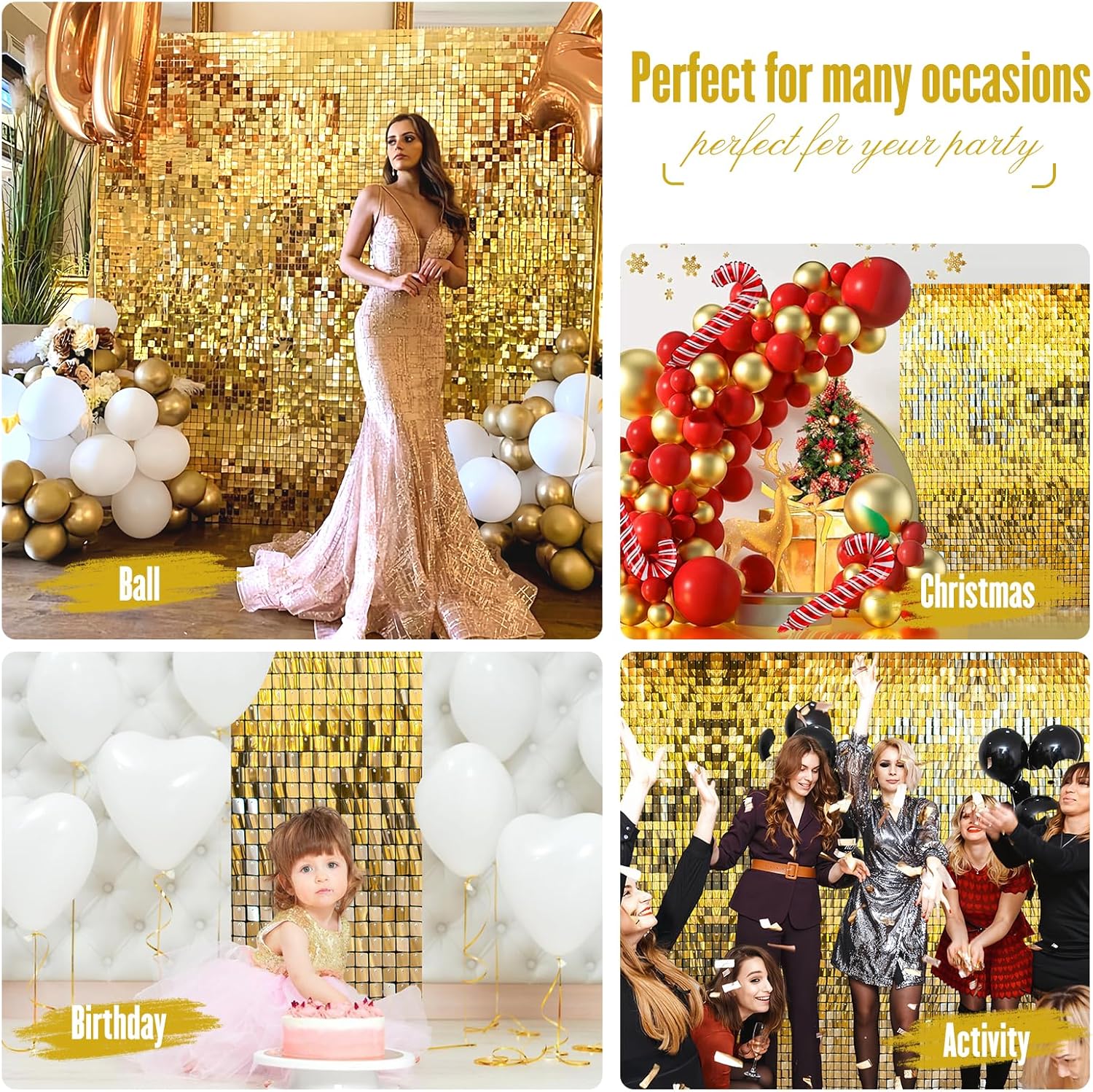 Shimmer Wall Sequin Backdrop, 24pcs Square Shimmer Wall Sequin Backdrop, DIY Party Shiny Decor for Wedding, Birthday, Anniversary, Graduation, Holiday&Home Background Supplies (Golden)