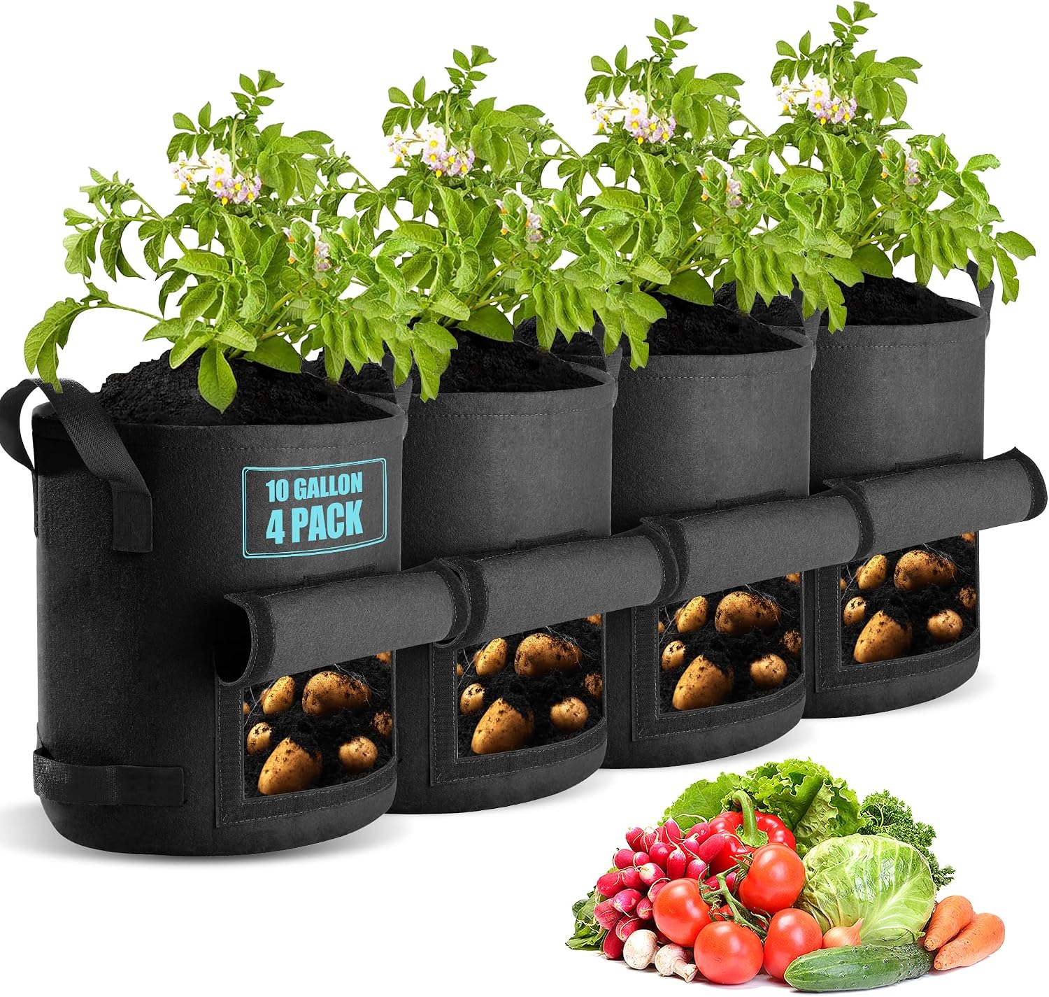 Suntee 4 Pack Potato Grow Bags 10 Gallon with Flap, Plant Grow Bags Heavy Duty Nonwoven Fabric Planter Bags Garden Vegetable Planting Pots Grow Bags for Growing Potatoes, Tomato and Fruits Outdoor