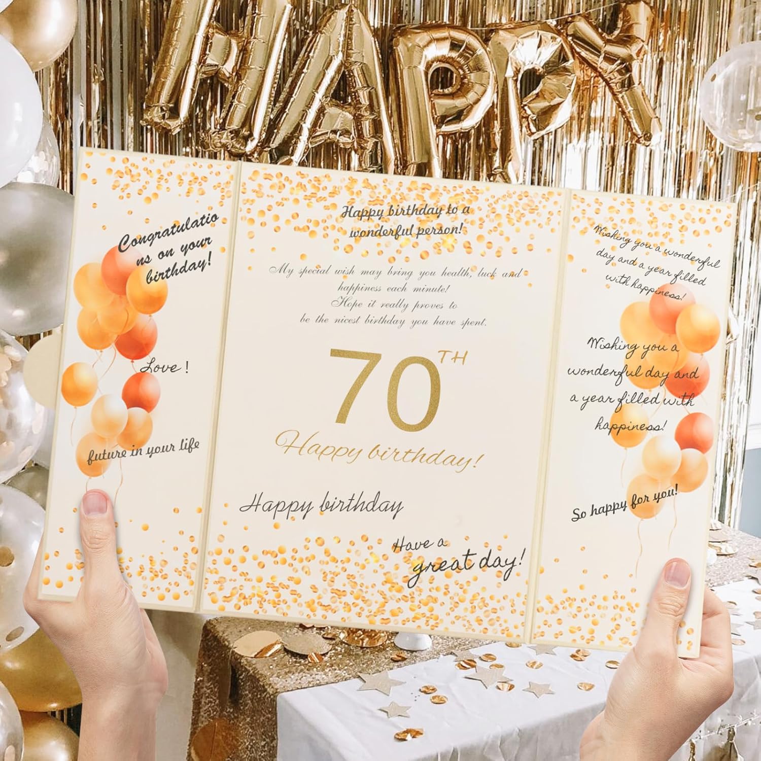 70th Birthday Guest Book and Party Decorations Set, 12x18 inch Sign-in Signature Card with Matching Envelope + Foldable Stand，Gold Foil Stamped Inner Pages，Champagne and Gold - Image 3