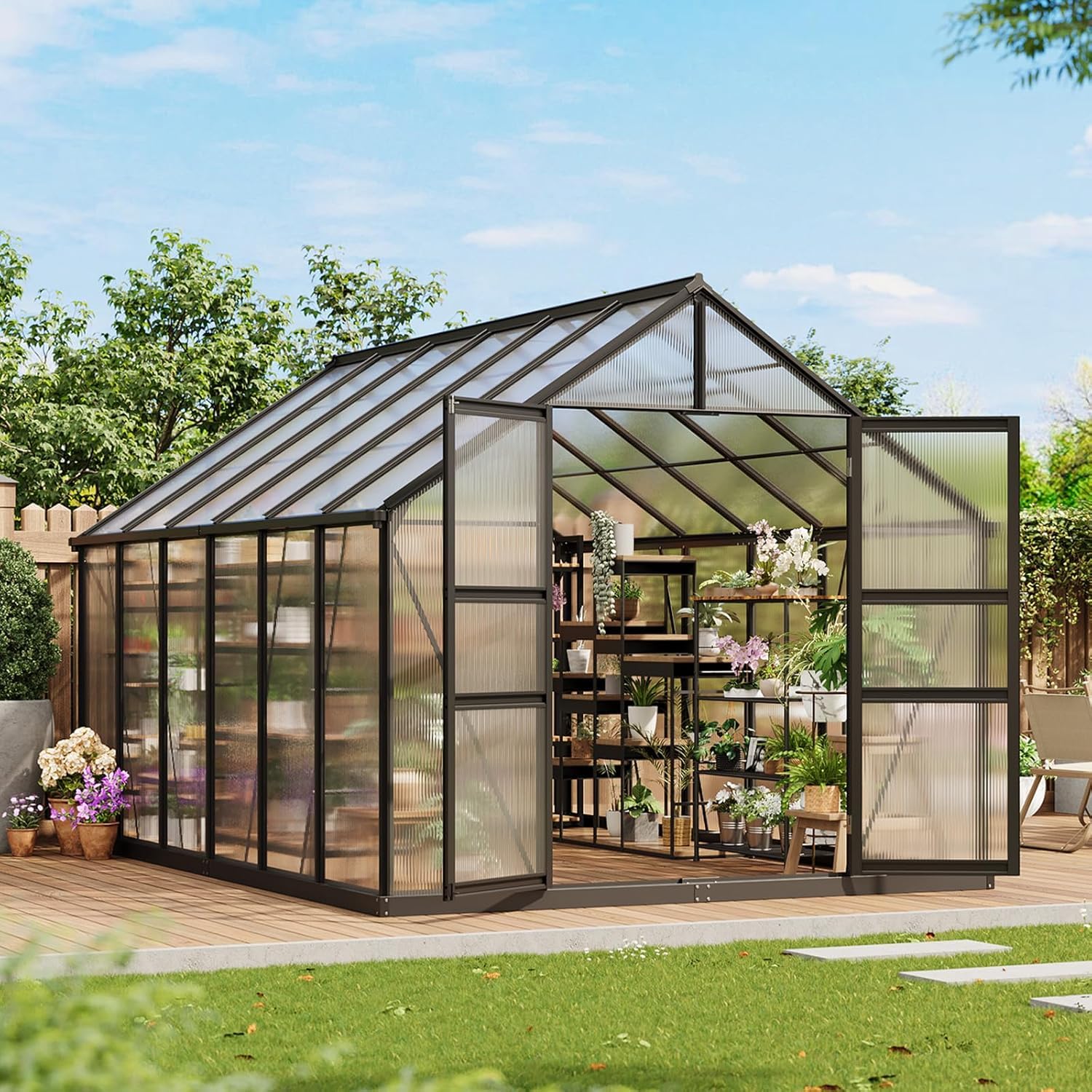 Photo 1 of 8x12 FT Polycarbonate Greenhouse,Large Walk-in SturdyOutdoor Aluminum Frame Greenhouse with Roof Vent, Lockable Push Door,for Garden, Backyard, Patio & Lawn(Black)