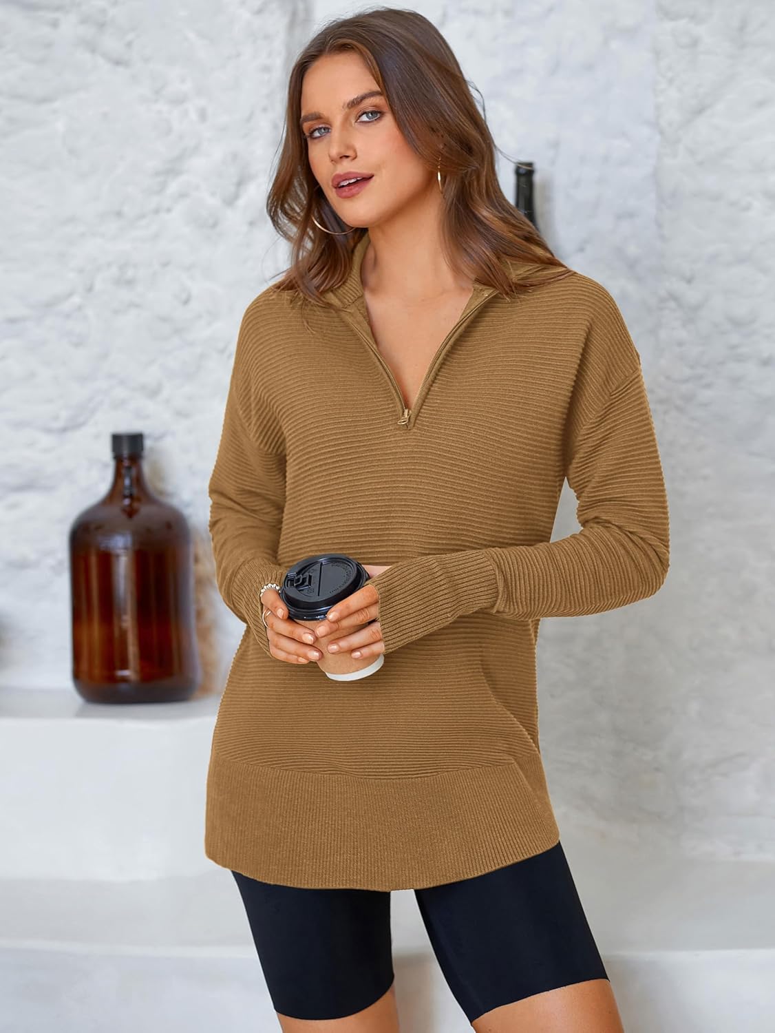 PRETTYGARDEN Womens Long Sleeve Quarter Zip Pullover Sweater Casual Loose V Neck Collared Ribbed Knit Jumper Tops Thumb Hole - Image 5