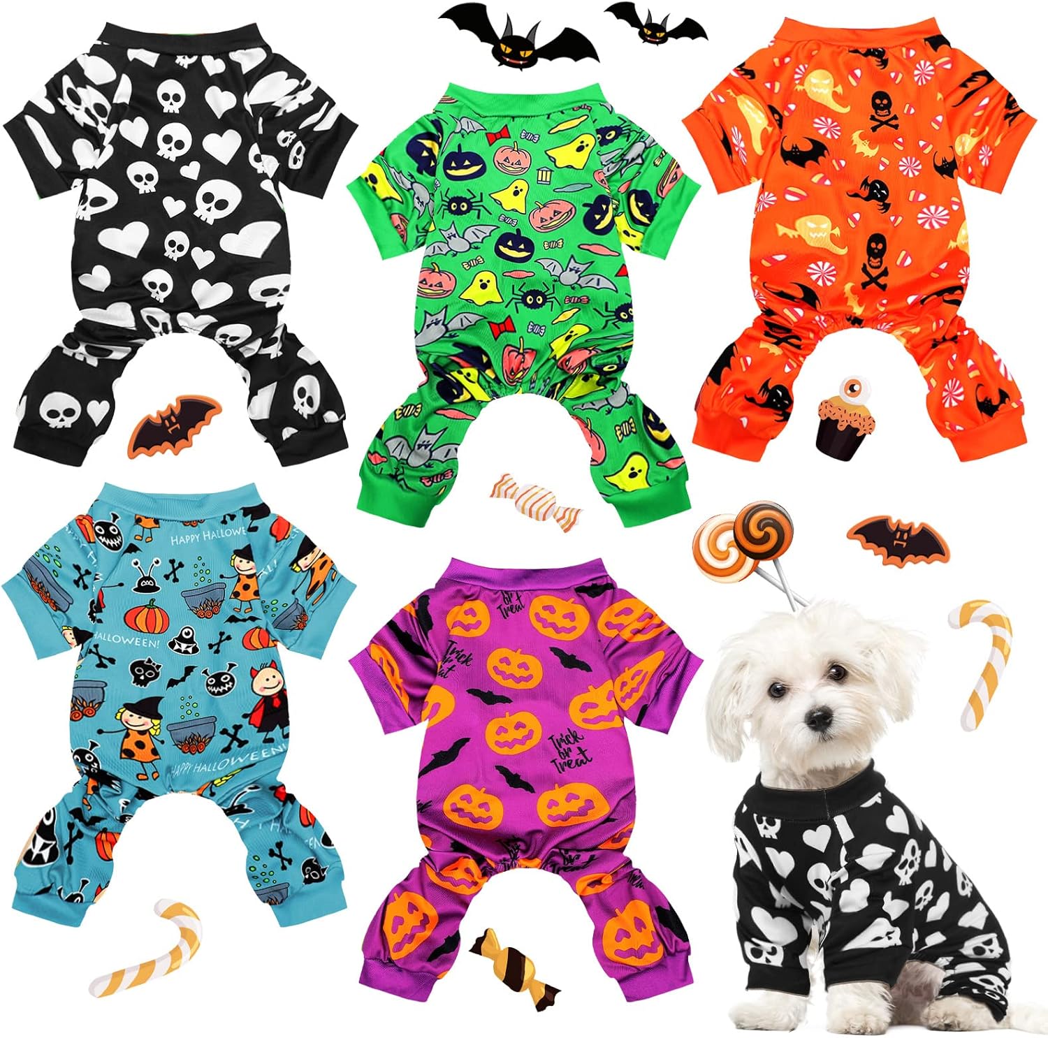 5 Pieces Dog Winter Pajamas Dog Bodysuit Puppy Pajamas Puppy Skull Ghost Jumpsuit Pumpkin Pet Costumes Doggy Bodysuit Shirt Holiday Dog Costume for Pet Puppy Dog Cat Halloween Cosplay (Large)