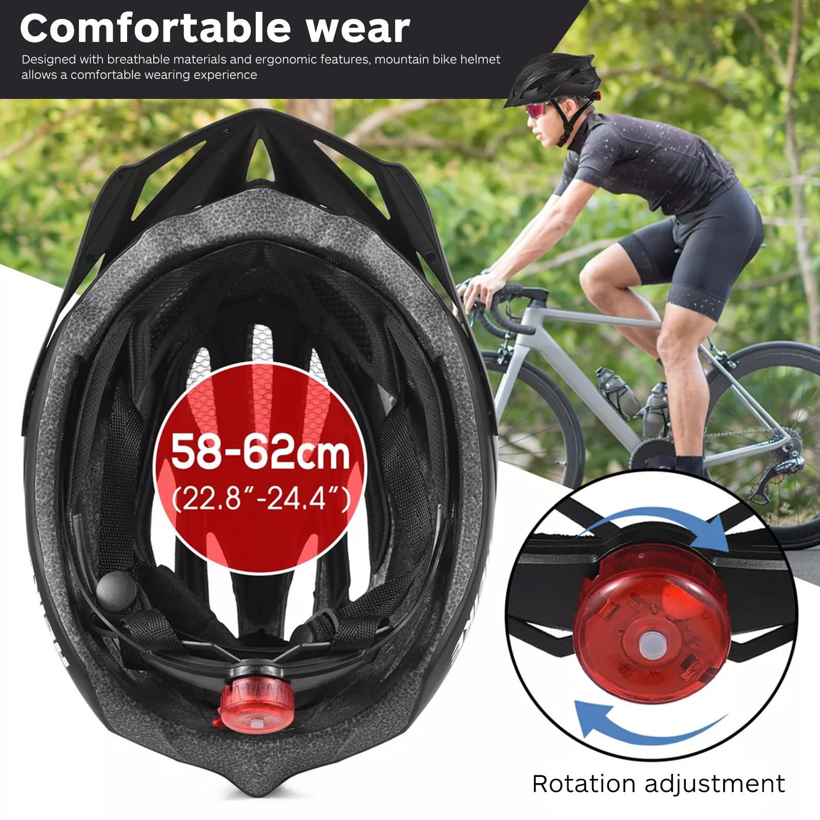 Casco de Bicicleta para Adultos con Luz Led, Negro, Policarbonato