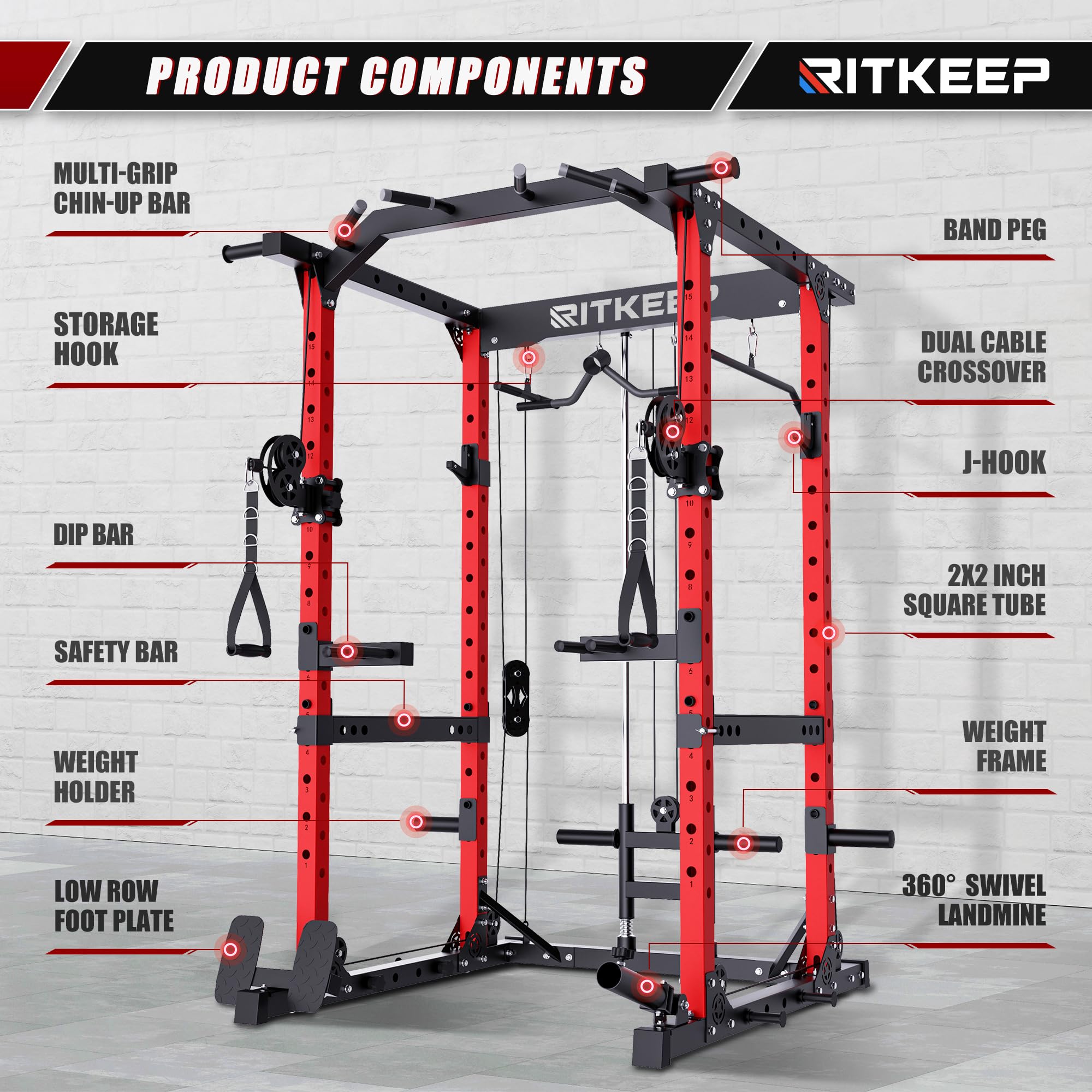 RitKeep M10 Multi-Functional Power Rack - 5 in 1 Power Rack with Pulley System and Cable Crossover, Squat Rack for Home Gym Workout Racks (Red)