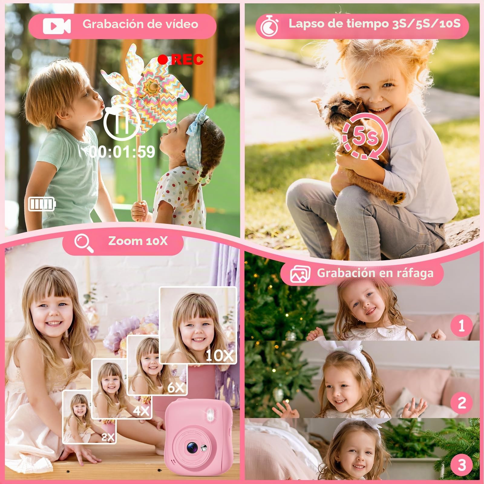 Hangrui Camara Fotos Infantil Instantanea, 1080P Camara Fotos Infantil, Cámara Instantánea para Niños con Tarjeta de 32GB,Papel de Impresión y Bolígrafos de Colores, Regalos Juguete-Rosa