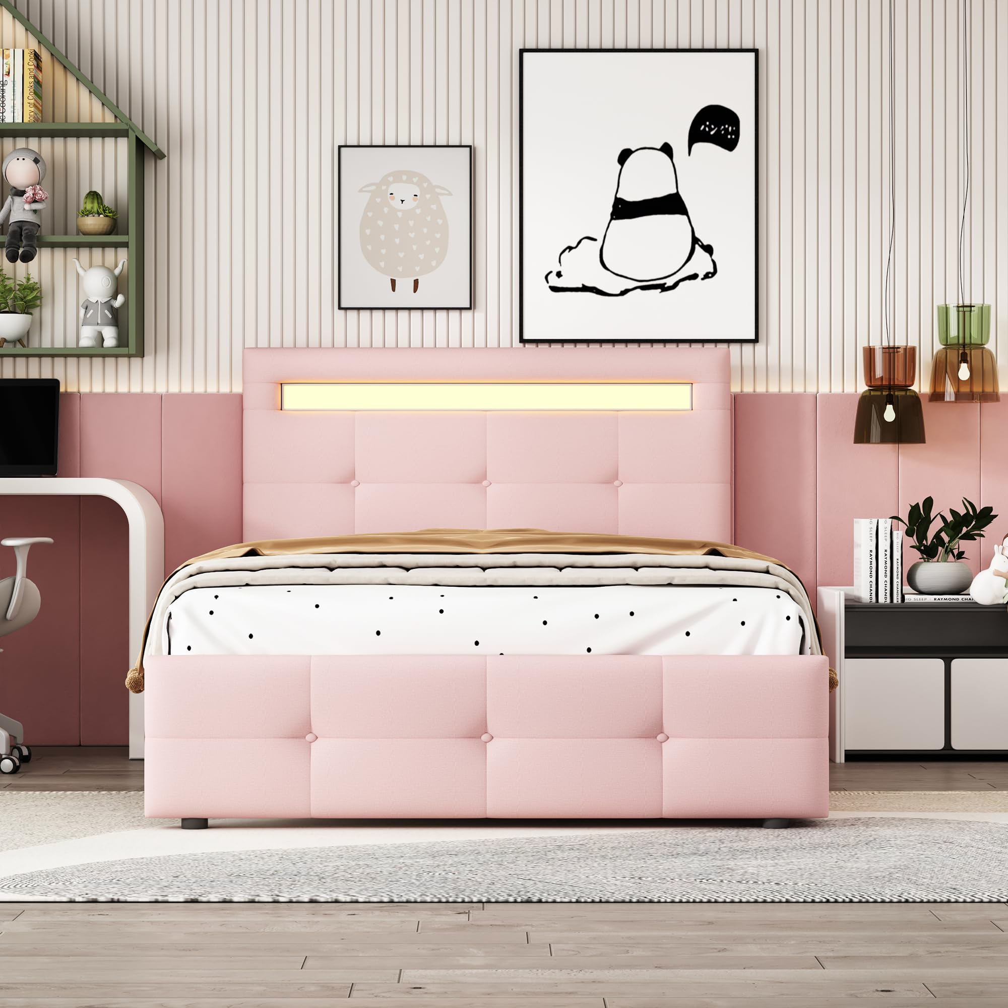 letto imbottito 90x200 cm Rosa con testiera regolabile e due cassetti letto singolo con doghe struttura letto bassa per camera per adolescenti e stanza ospiti in casa