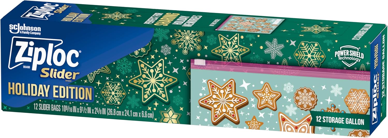 ziploc gallon food storage slider bags, power shield technology for more durability, 12 count, holiday designs, packaging may vary 10.55x9.48x2.59 inch (pack of 12)