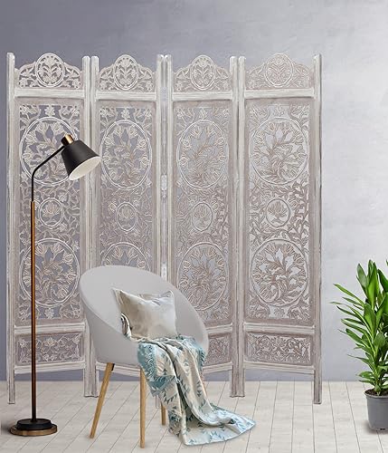 Miniatura 4 de Kamal White Wash - Pantalla de piso de madera para separar habitaciones, 4 paneles plegables de 72 x 80 pulgadas, tallada a mano, portátil,