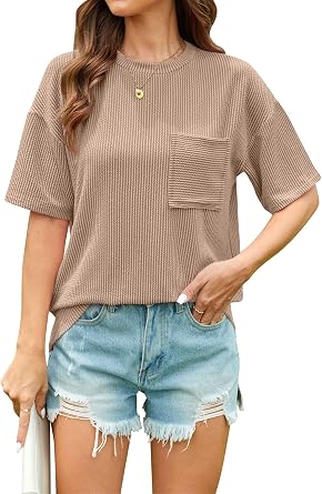 Womens Color Block Pocket T-Shirt - Summer Casual Oversized Crewneck Tee with Wave Texture Polyester Rayon Blend Top