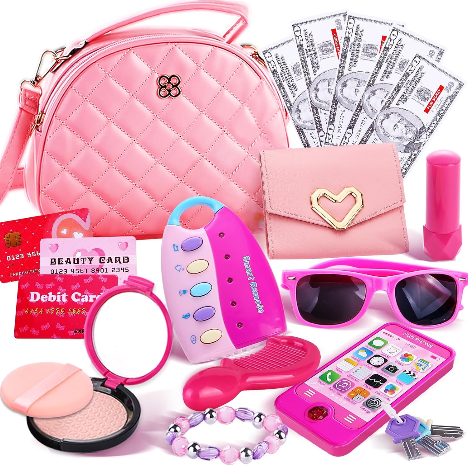 Cosmetic & Jewelry Kit - Elegant Simulated Play Purse Set with Sunglasses, Keys & Credit Card Props - Stylish Entertainment Accessory for Adults, Ages