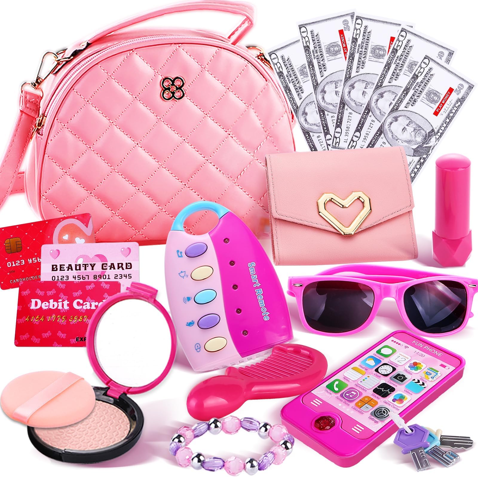 GraceDuckGraceduck Little Girls Purse with Play Makeup Kit, Kids Pretend Play Handbag Wallet Sunglasses Keys Credit Card with Pink Cosmetics Accessories Toddler Princess Birthday Gift Age 3 4 5 6 7 8 Year Old