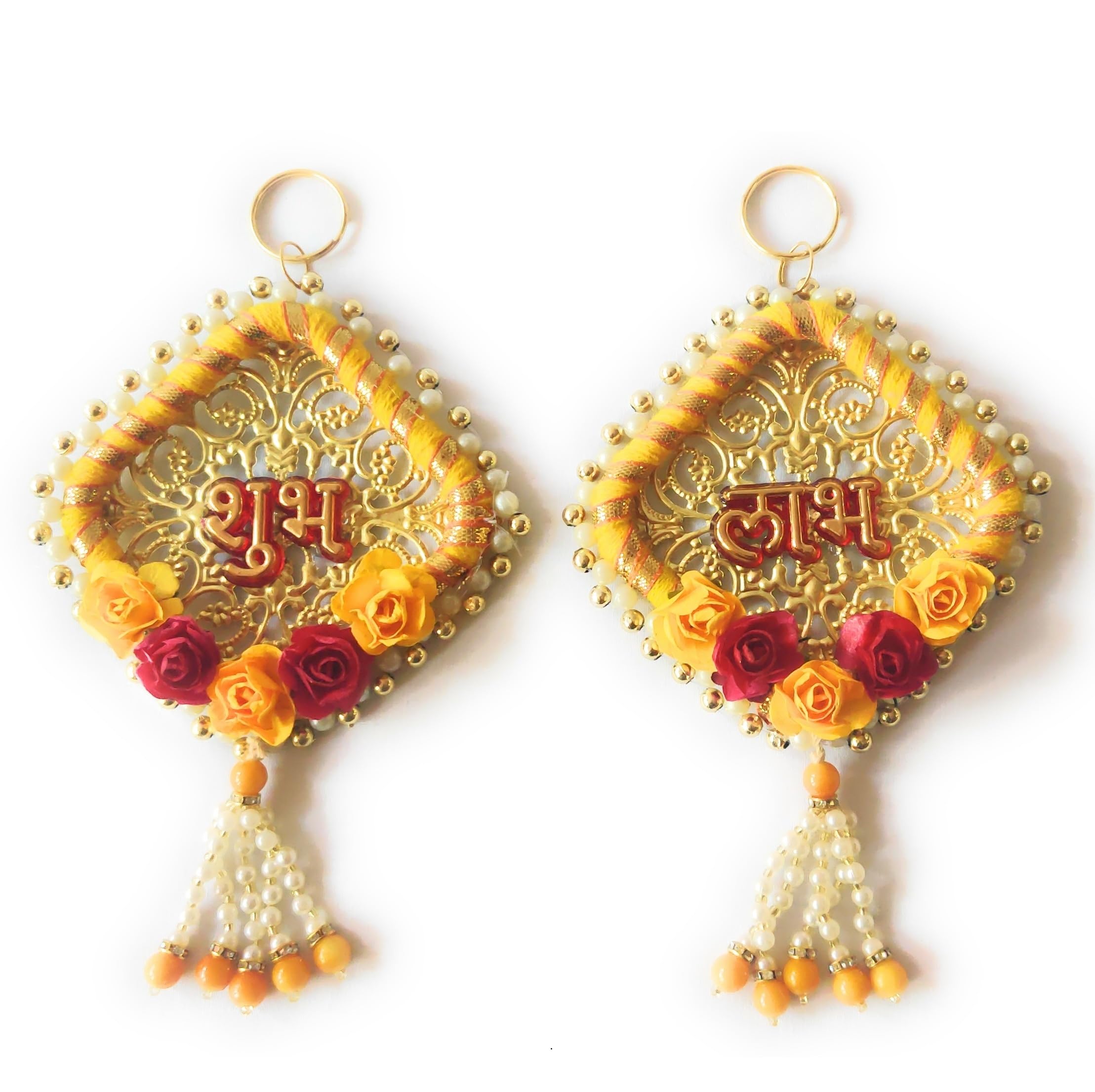 SAU RANG Shubh Labh hangings Decoration, Size-3Inch, Diwali Gift, Home Decoration Item, Puja Room Decor- 1 Pair (Yellow)